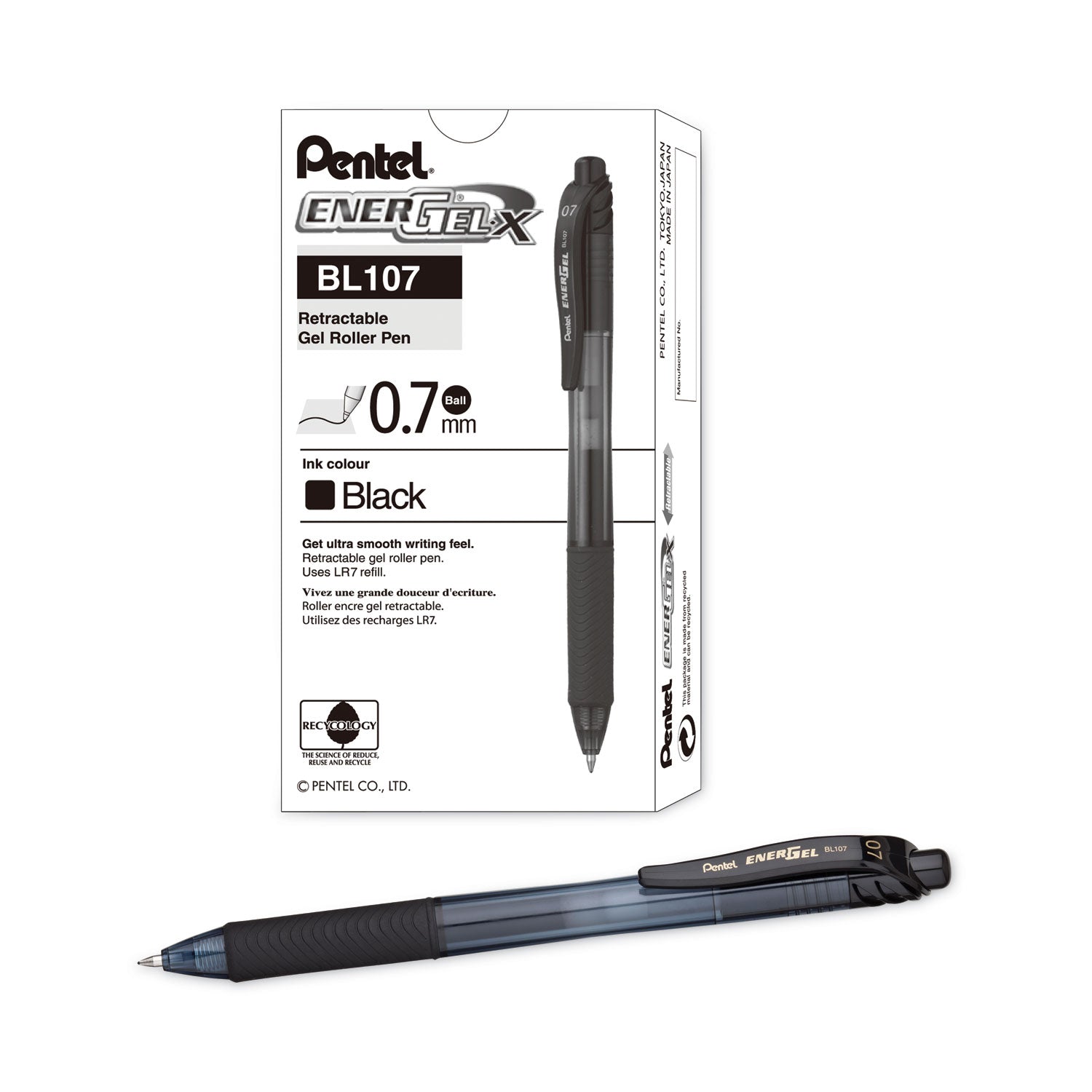 Pentel EnerGel-X Rollerball Pen - 0.7 mm Medium Pen Point - Refillable - Retractable - Black Ink - Gel-based - Black Barrel - Metal Tip - 1 Dozen