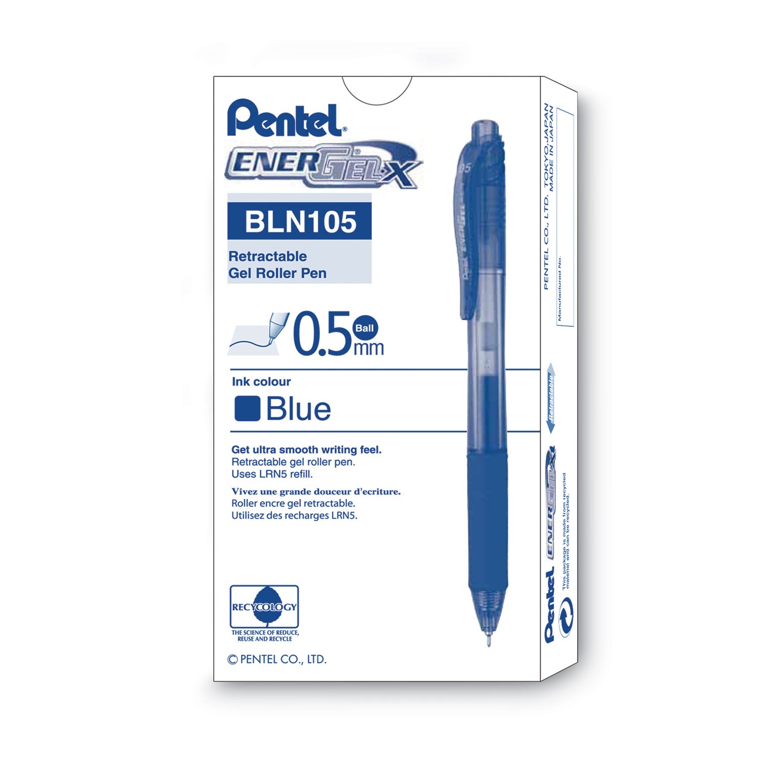 EnerGel EnerGel-X Retractable Gel Pens - 0.5 mm Fine Needle Pen Point - Refillable - Retractable - Blue Ink - Gel-based - Blue Barrel - 1 Dozen