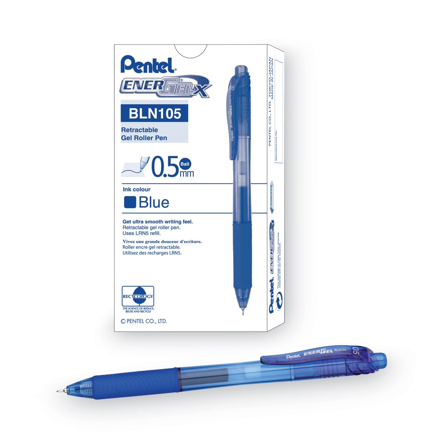 EnerGel EnerGel-X Retractable Gel Pens - 0.5 mm Fine Needle Pen Point - Refillable - Retractable - Blue Ink - Gel-based - Blue Barrel - 1 Dozen