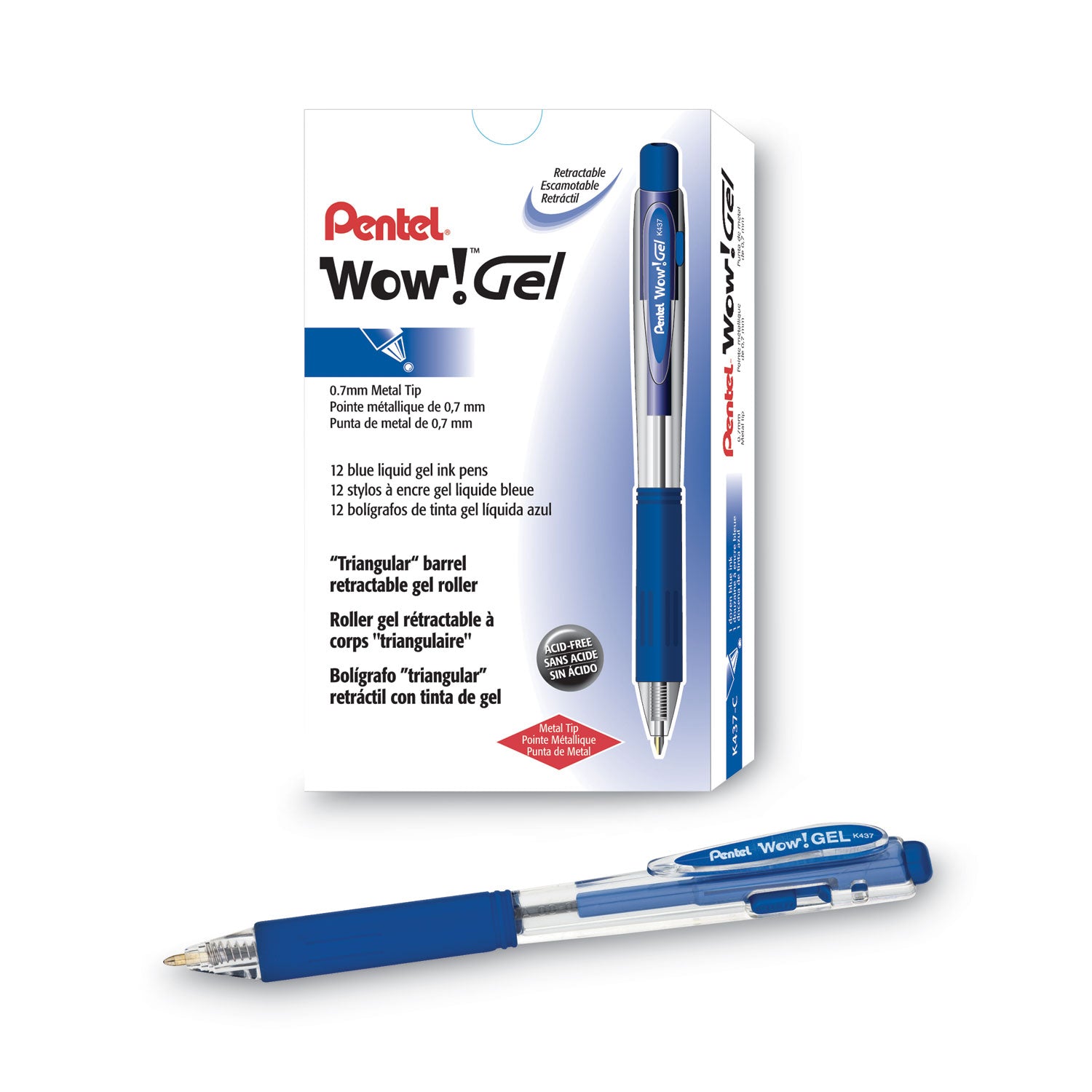 Pentel Wow! Gel Pens - 0.7 mm Medium Pen Point - Retractable - Blue Ink - Gel-based - Clear Barrel - 1 Dozen