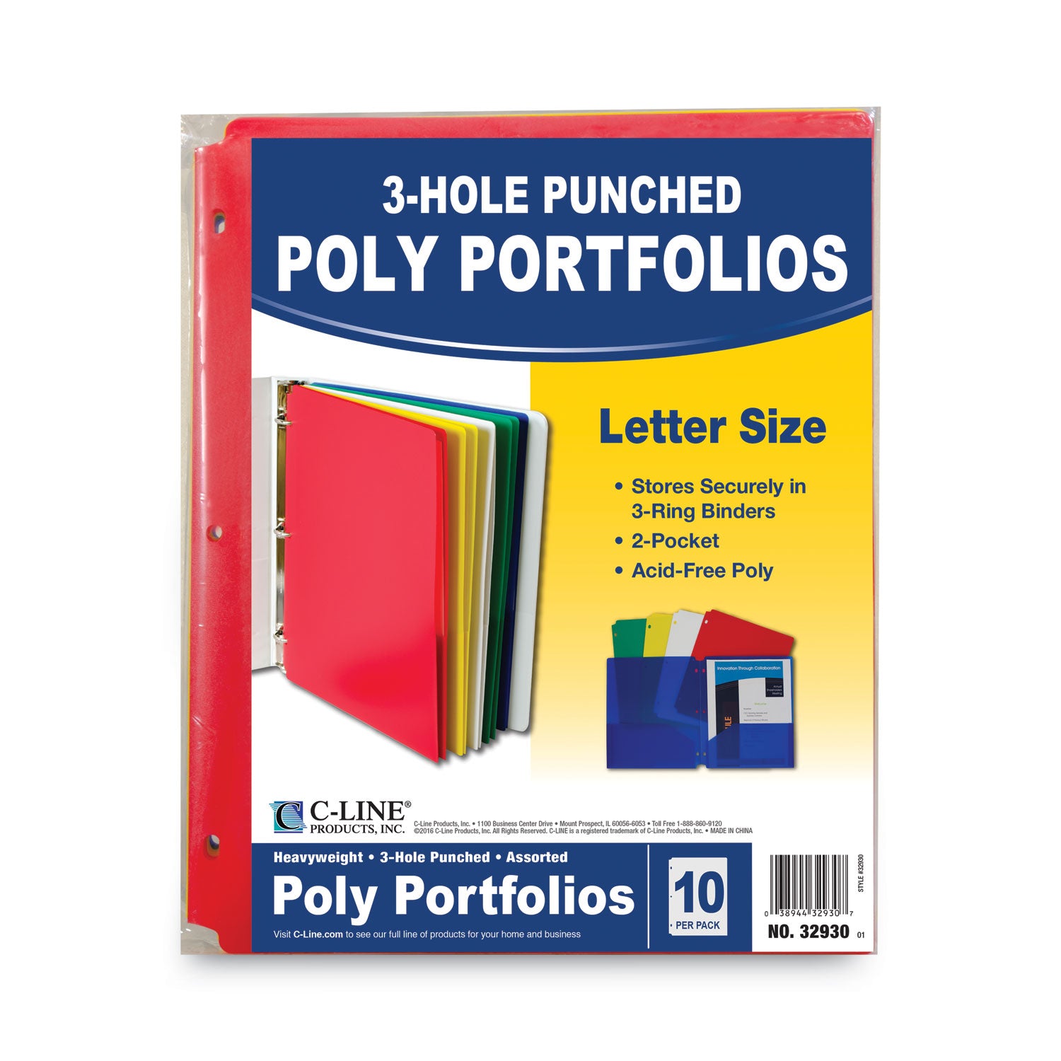 Two-Pocket Heavyweight Poly Portfolio Folder with Three-Hole Punch, Assorted Primary Colors, 10/Pack
