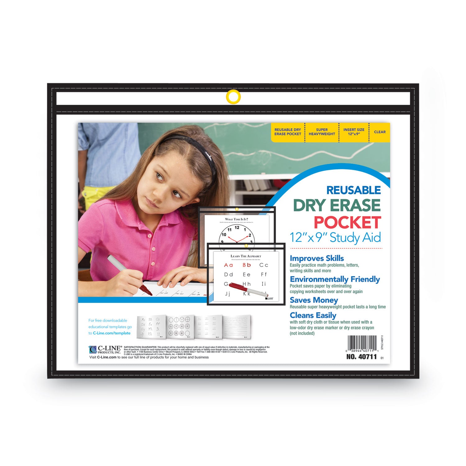 Reusable Dry Erase Pockets, 9" x 12", Black