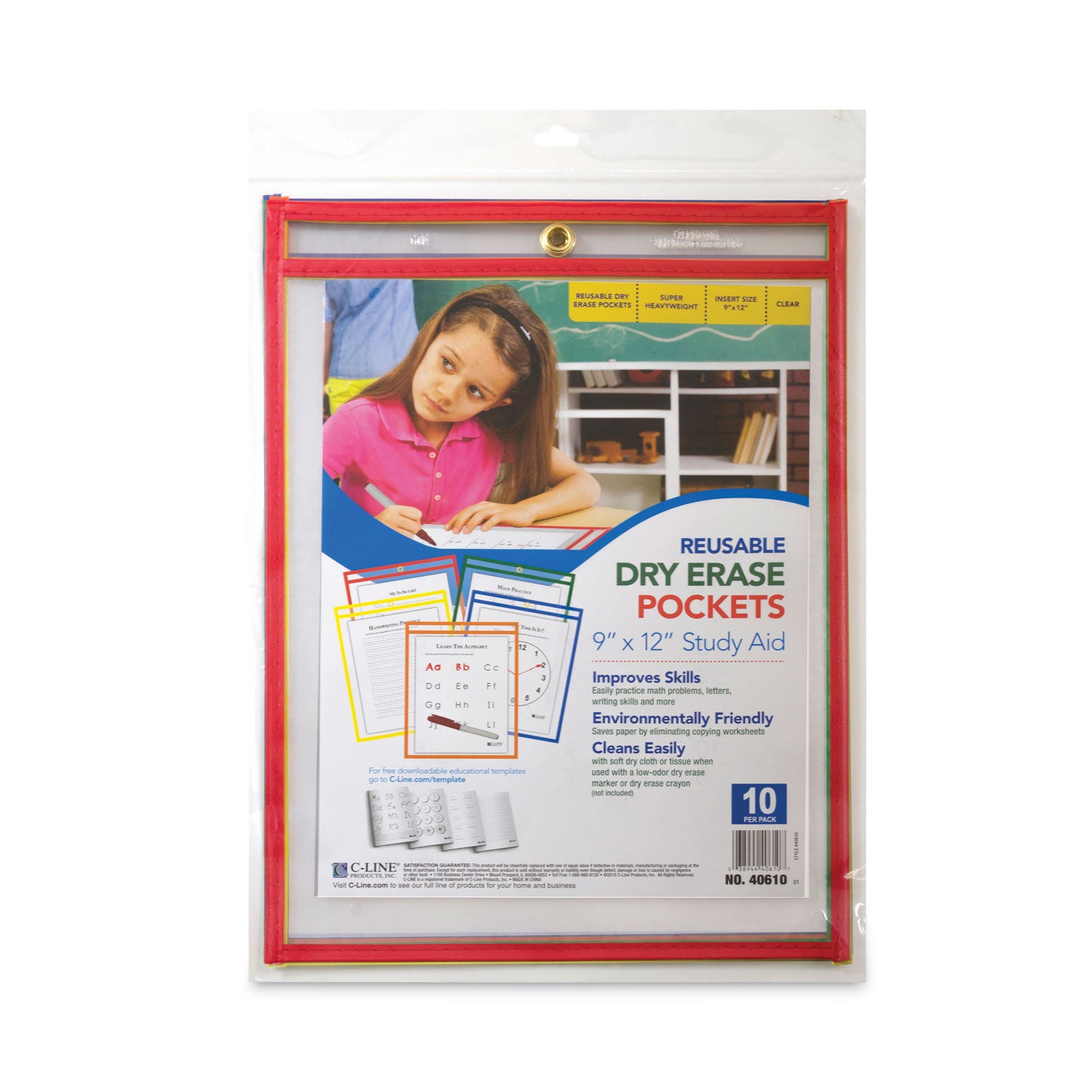 Reusable Dry Erase Pockets, Primary Colors, 9 x 12, Pack of 10