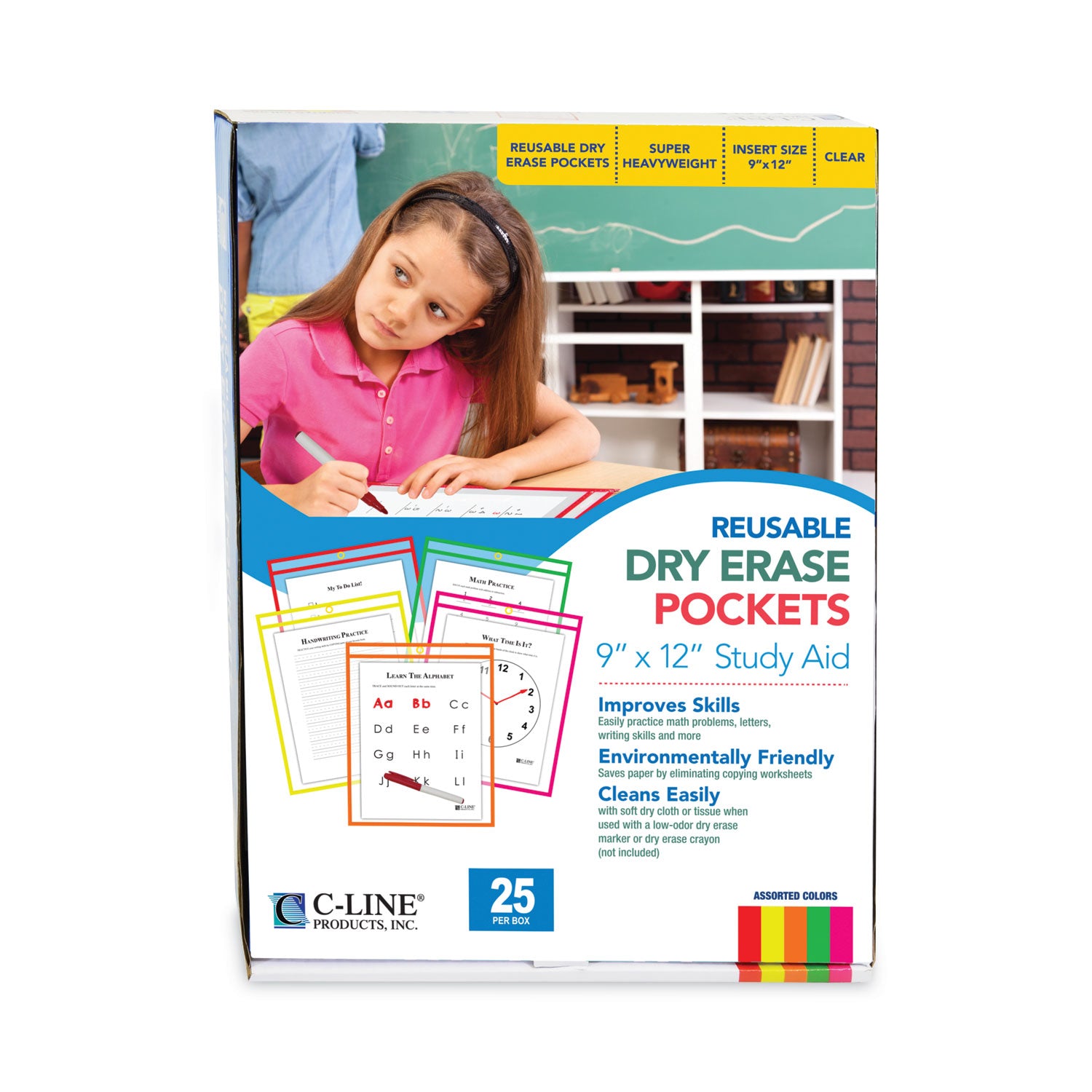 Reusable Dry Erase Pockets, Neon Colors, 9 x 12, Pack of 25