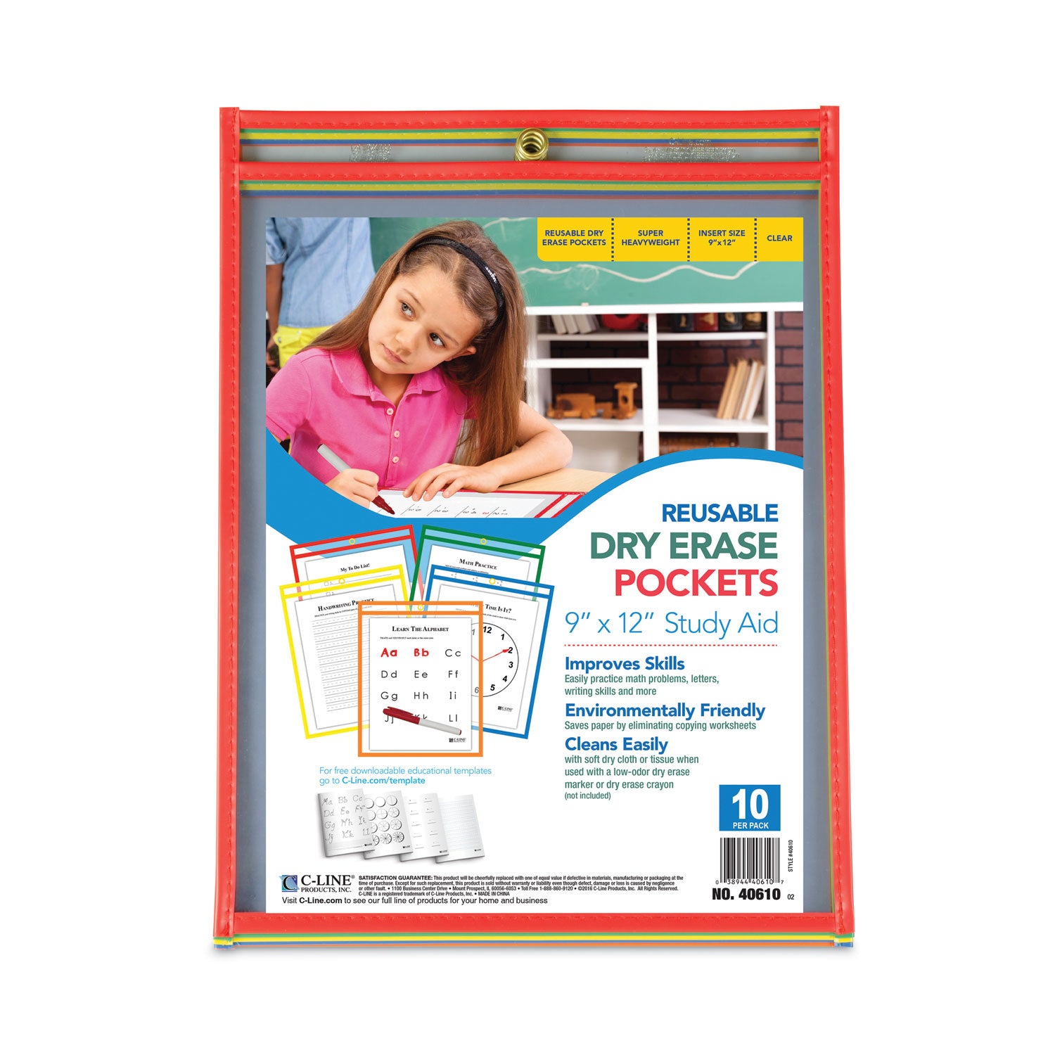 Reusable Dry Erase Pockets, Primary Colors, 9 x 12, Pack of 10