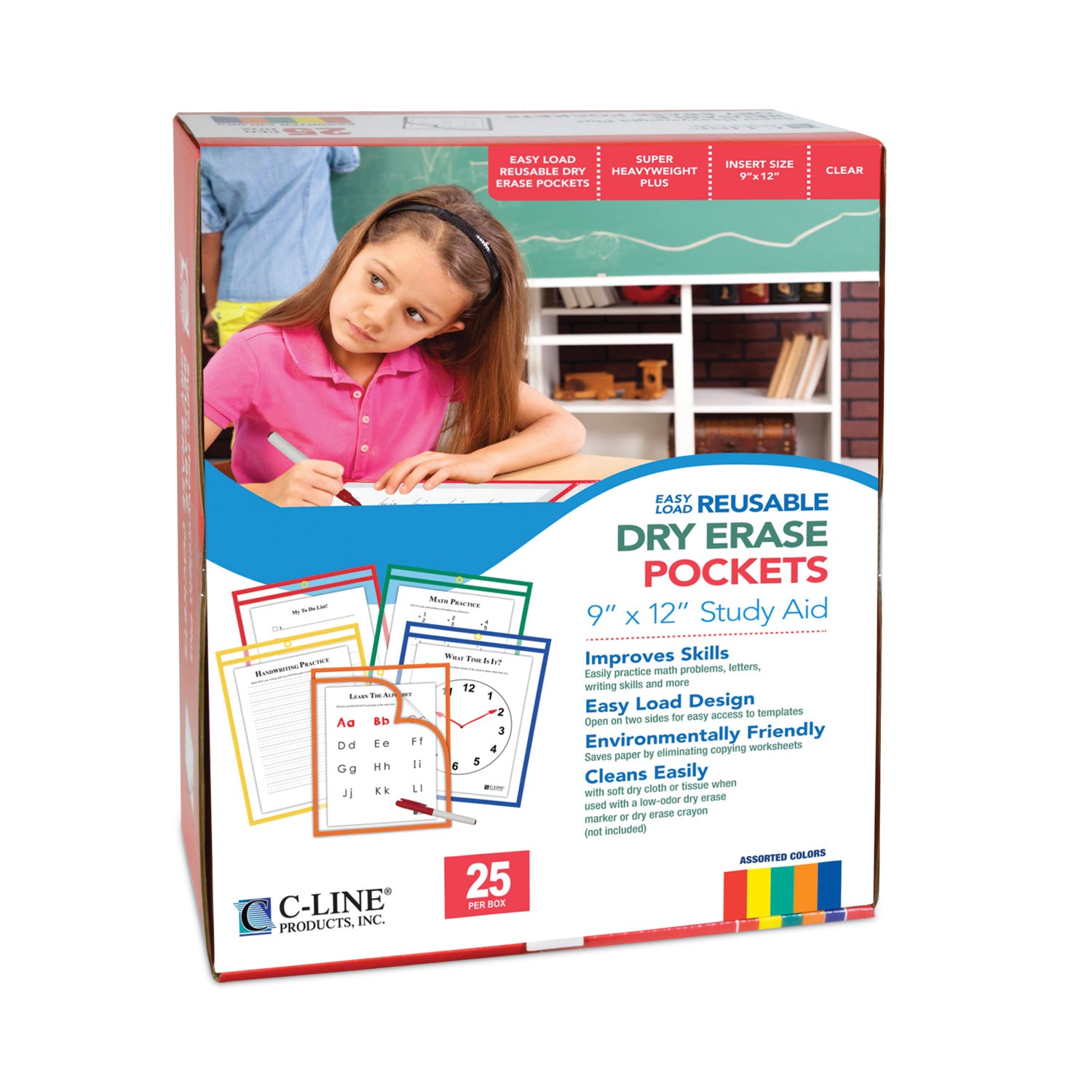 Super Heavyweight Plus Reusable Dry Erase Pockets - Study Aid, Assorted Primary Colors, 9 x 12, Box of 25