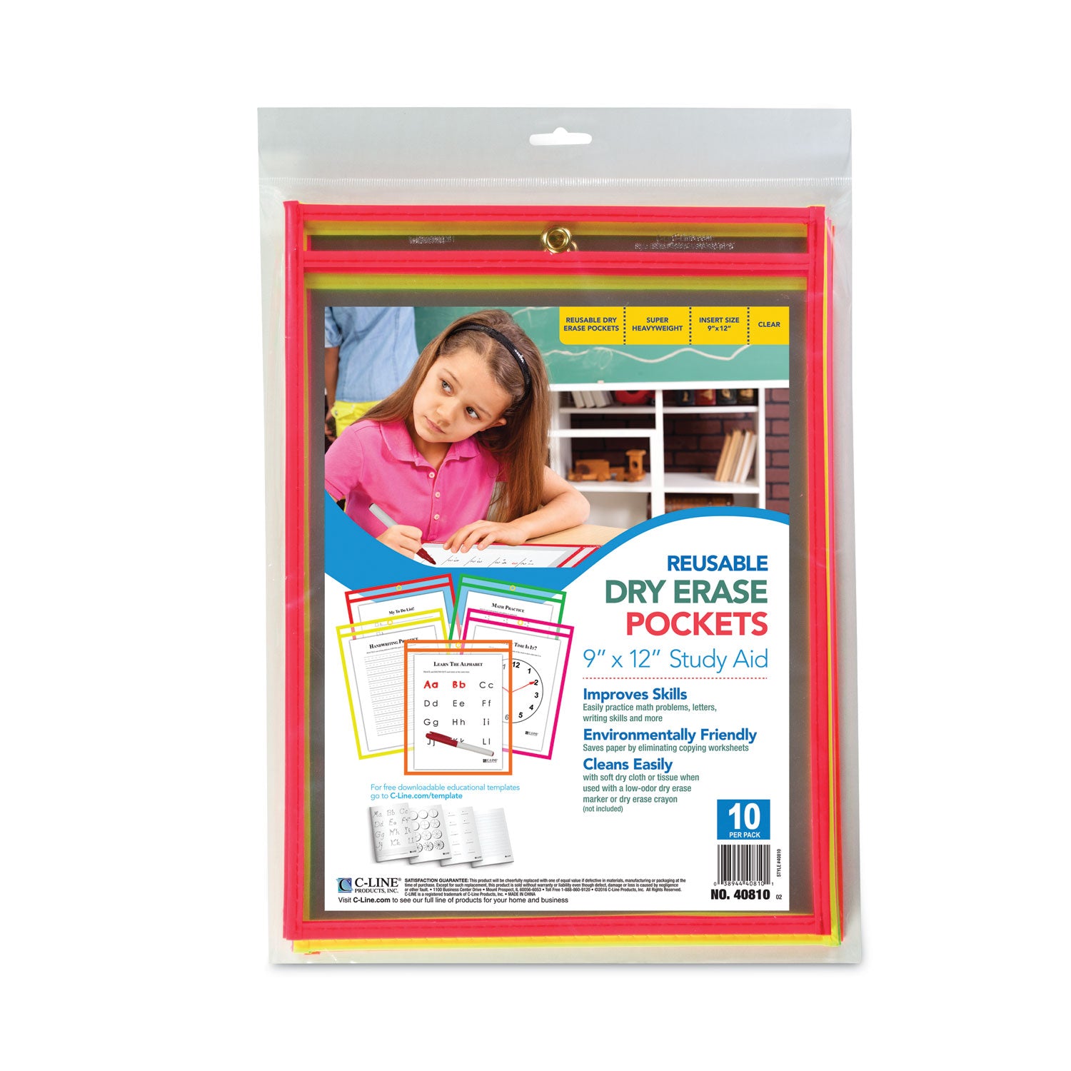 Reusable Dry Erase Pockets, Neon Colors, 9 x 12, Pack of 10