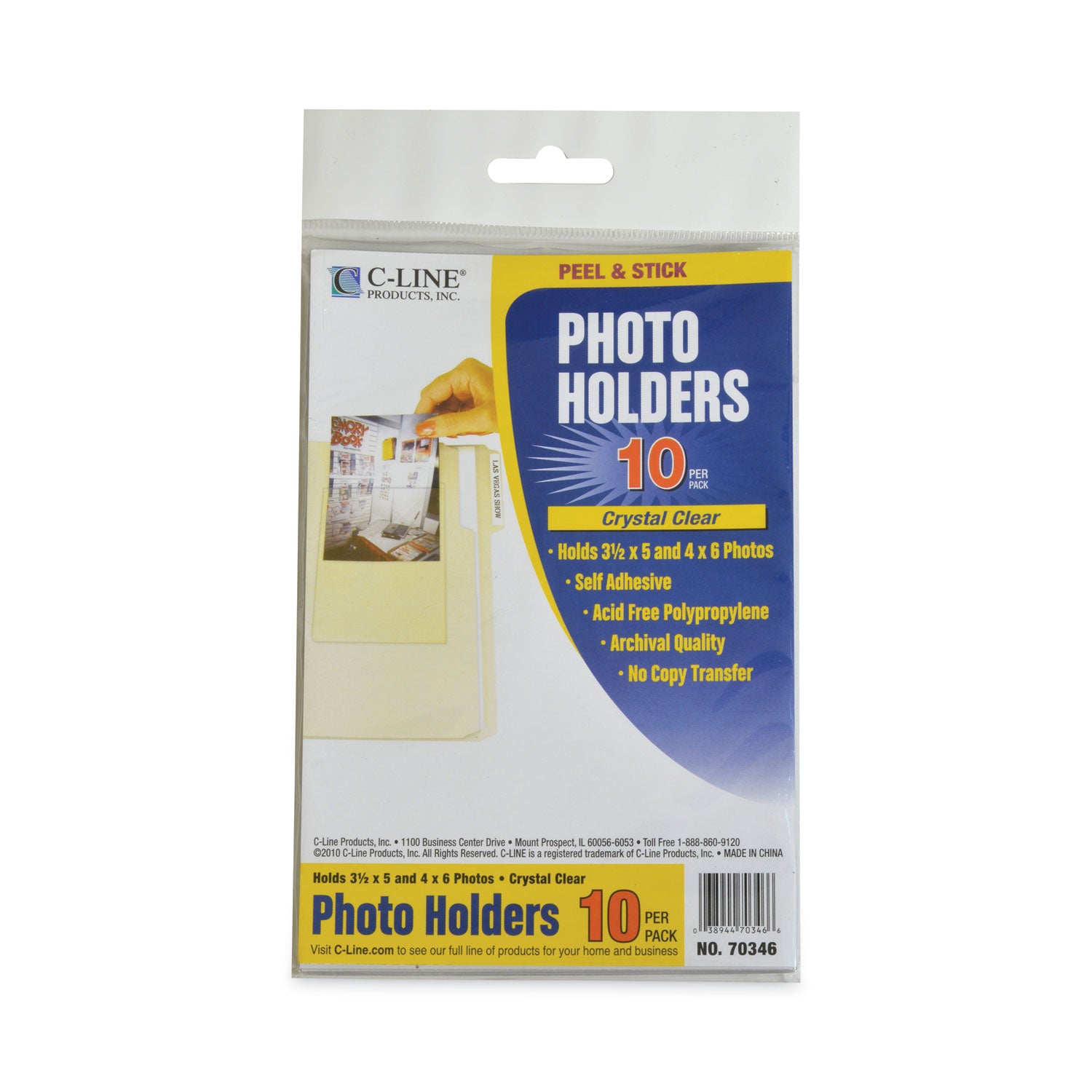 Peel & Stick Photo Holders, Clear, 4" x 6", Pack of 10