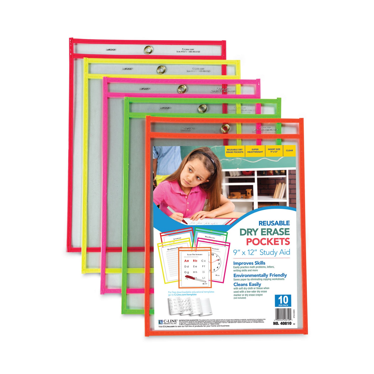 Reusable Dry Erase Pockets, Neon Colors, 9 x 12, Pack of 10