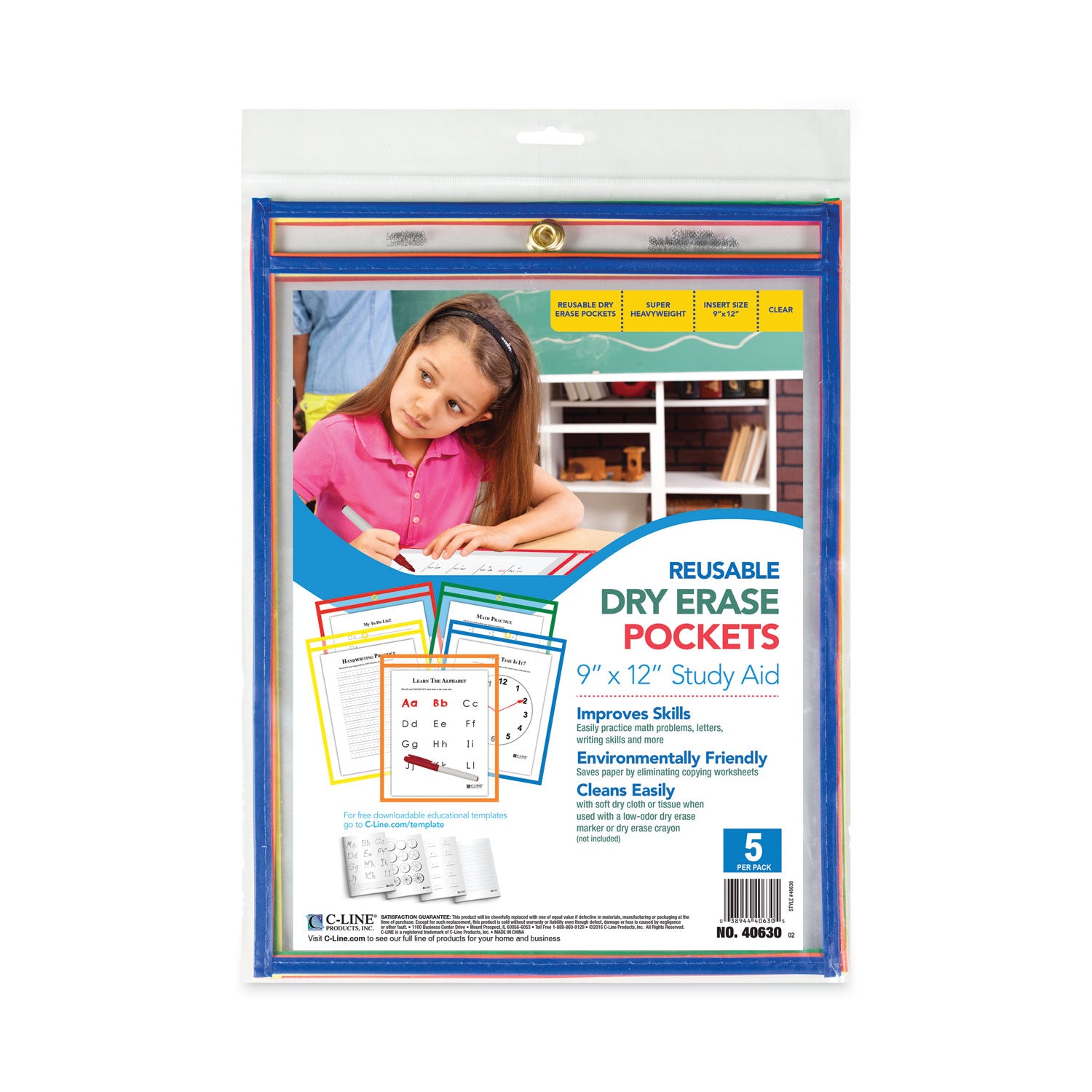 Reusable Dry Erase Pockets, Primary Colors, 9" x 12", Pack of 5
