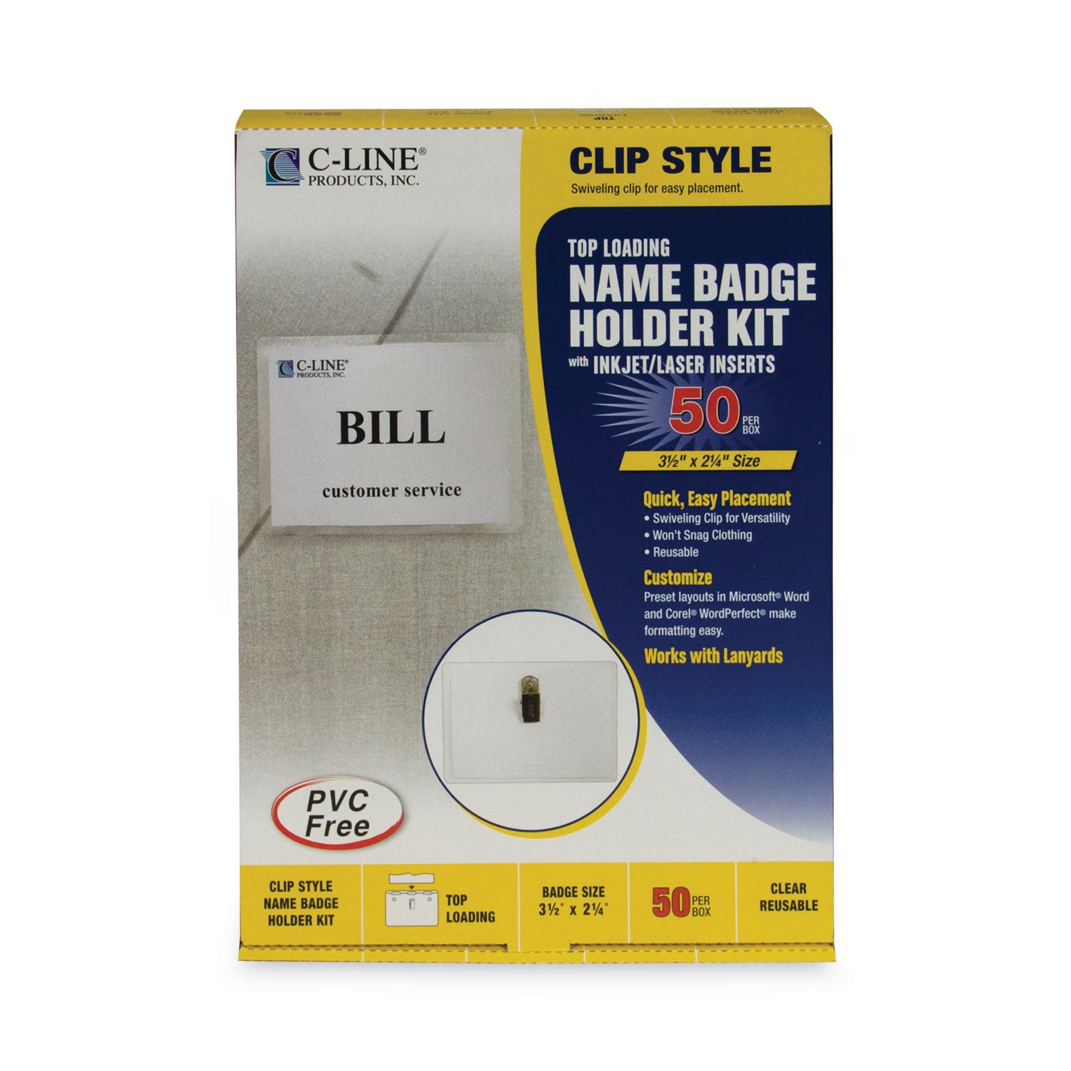 Clip Style Name Badge Holder Kit, Sealed Holders with Inserts, 3-1/2" x 2-1/4", Box of 50