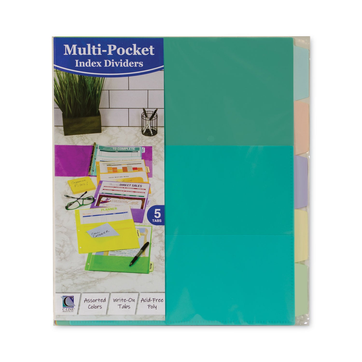 5-Tab Index Dividers with Multi-Pockets, Bright Color Assortment, 8-1/2 x 11
