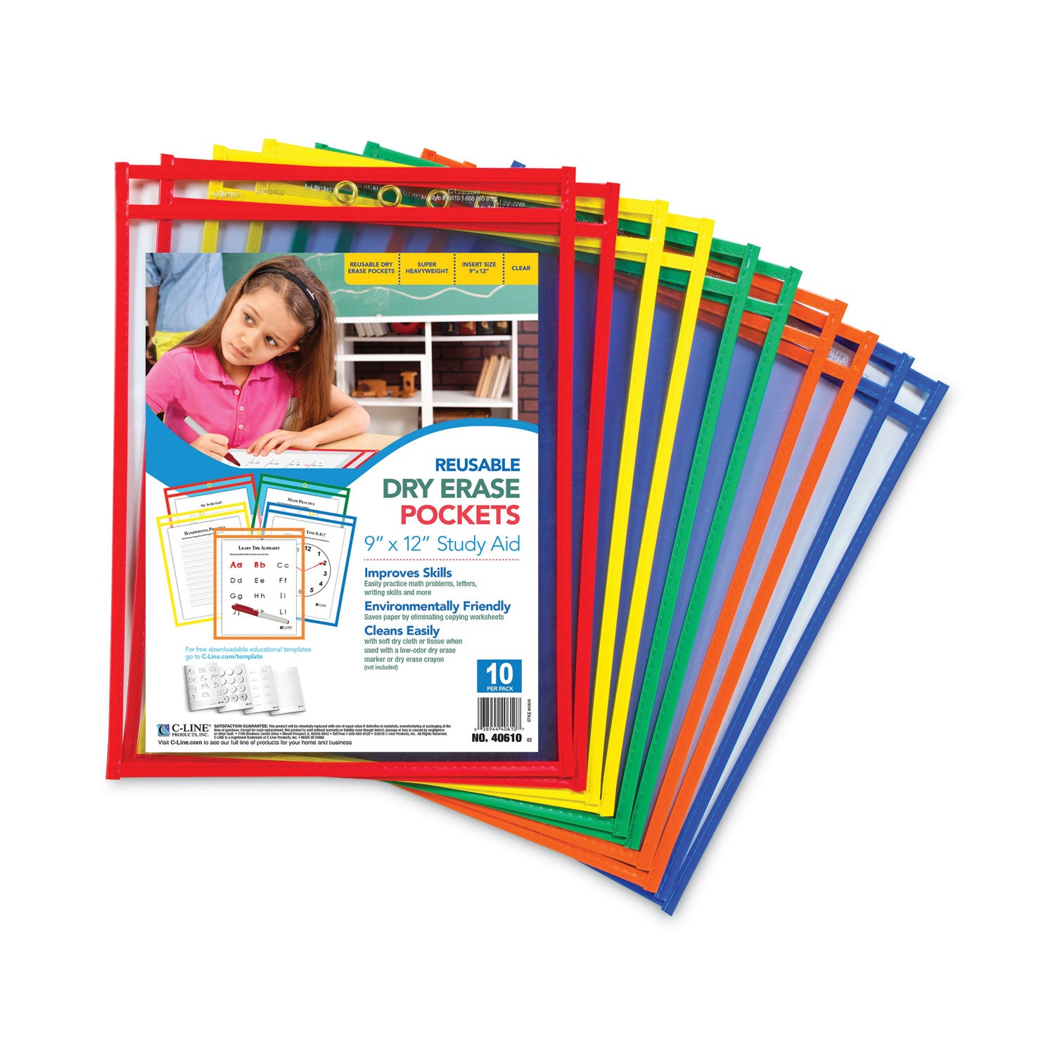 Reusable Dry Erase Pockets, Primary Colors, 9 x 12, Pack of 10