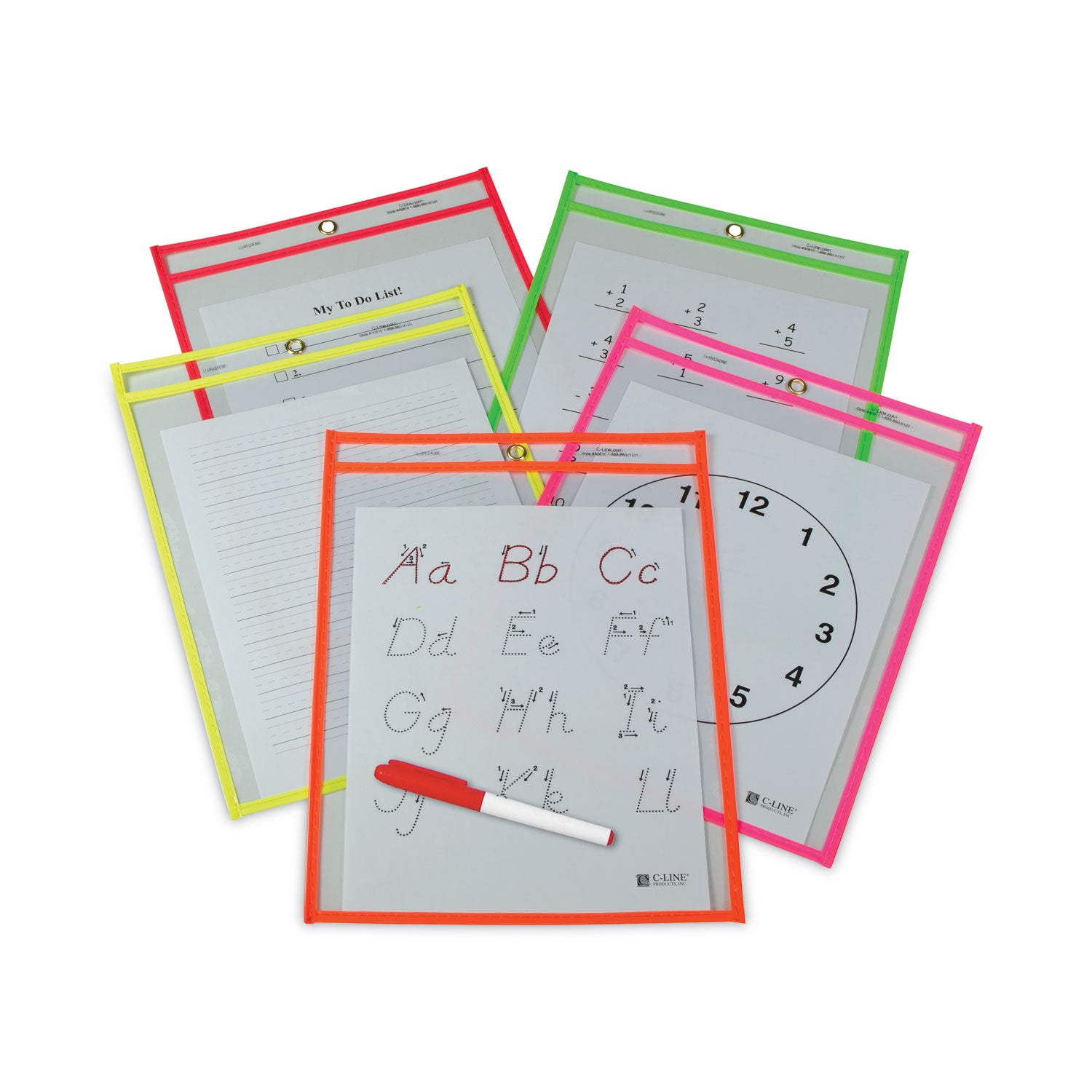 Reusable Dry Erase Pockets, Neon Colors, 9 x 12, Pack of 25