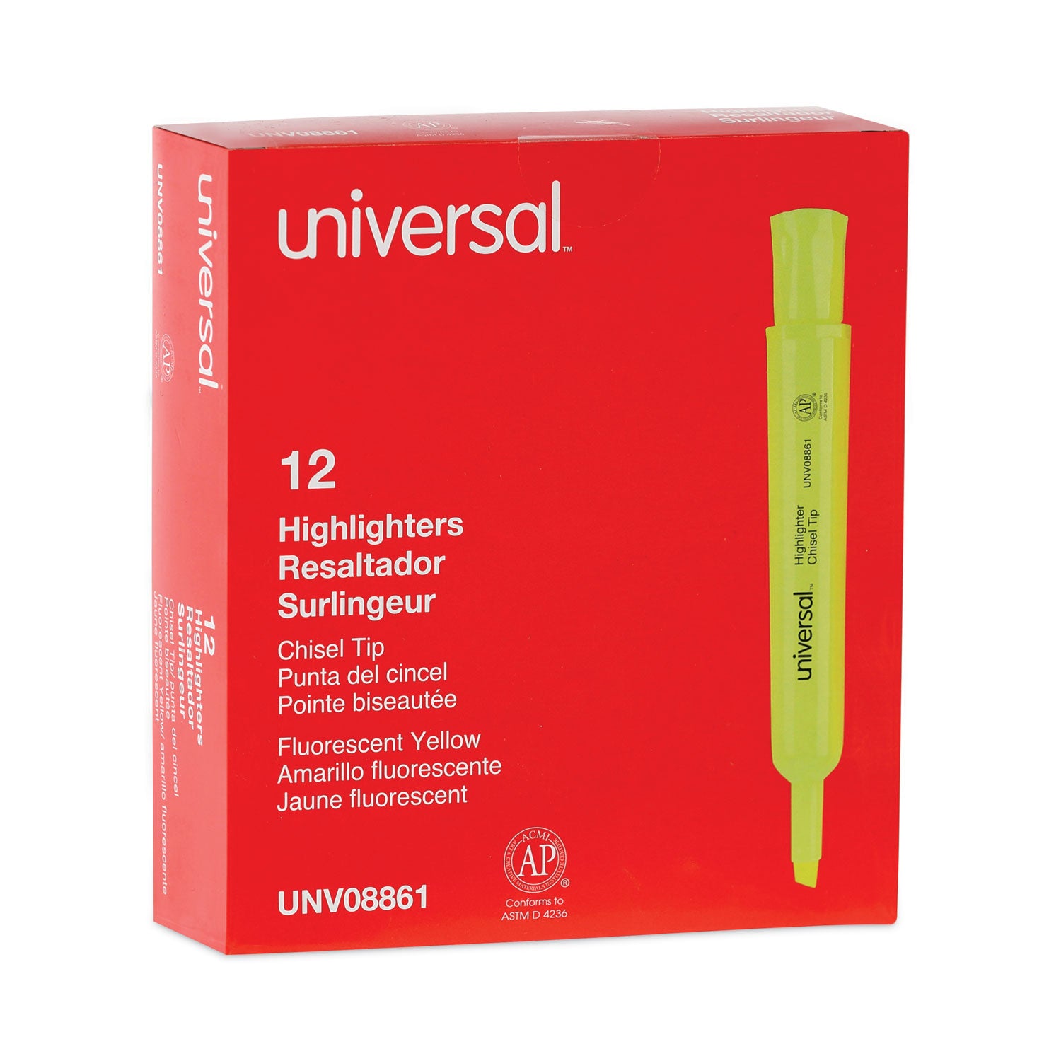 Desk Highlighters, Fluorescent Yellow Ink, Chisel Tip, Yellow Barrel