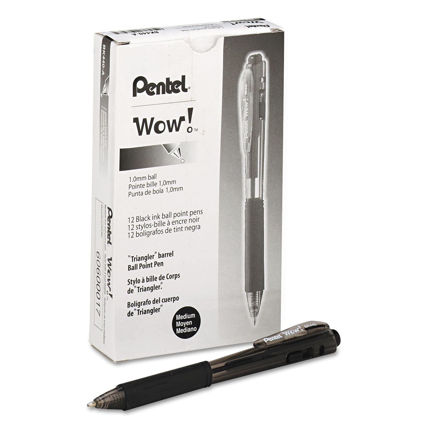 Pentel WOW! Retractable Ballpoint Pens - 1 mm Medium Pen Point - Retractable - Black Ink - Black Barrel - 1 Dozen