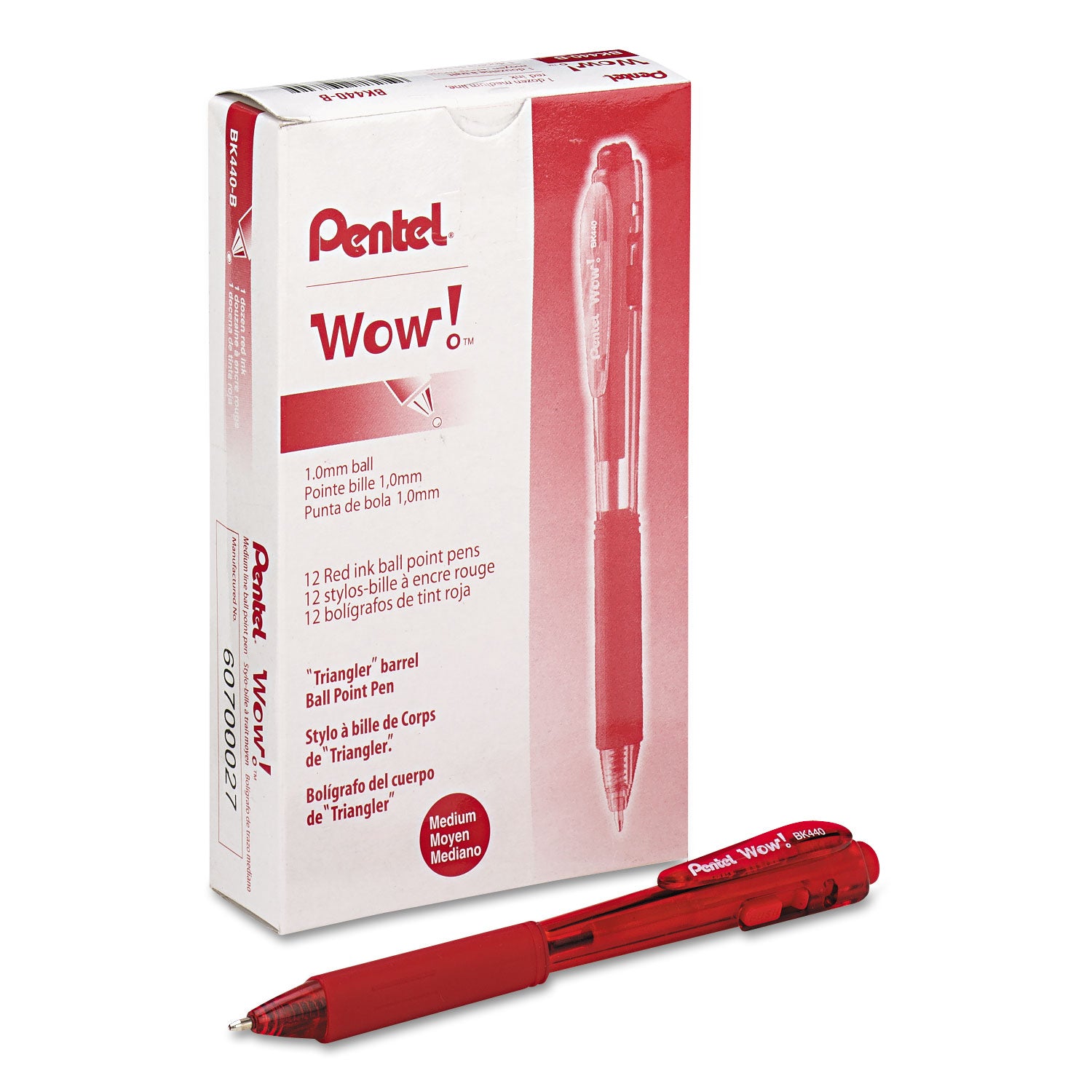 Pentel WOW! Retractable Ballpoint Pens - 1 mm Medium Pen Point - Retractable - Red Ink - Red Barrel - 1 Dozen