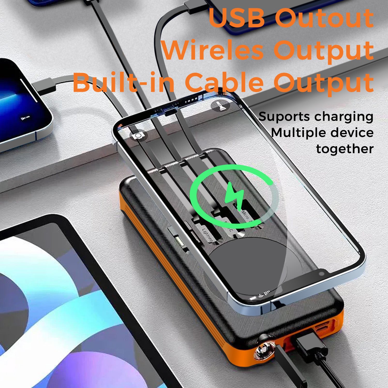 10000mAh Solar Power Bank with Wireless Charging and Built-in Cables, Orange