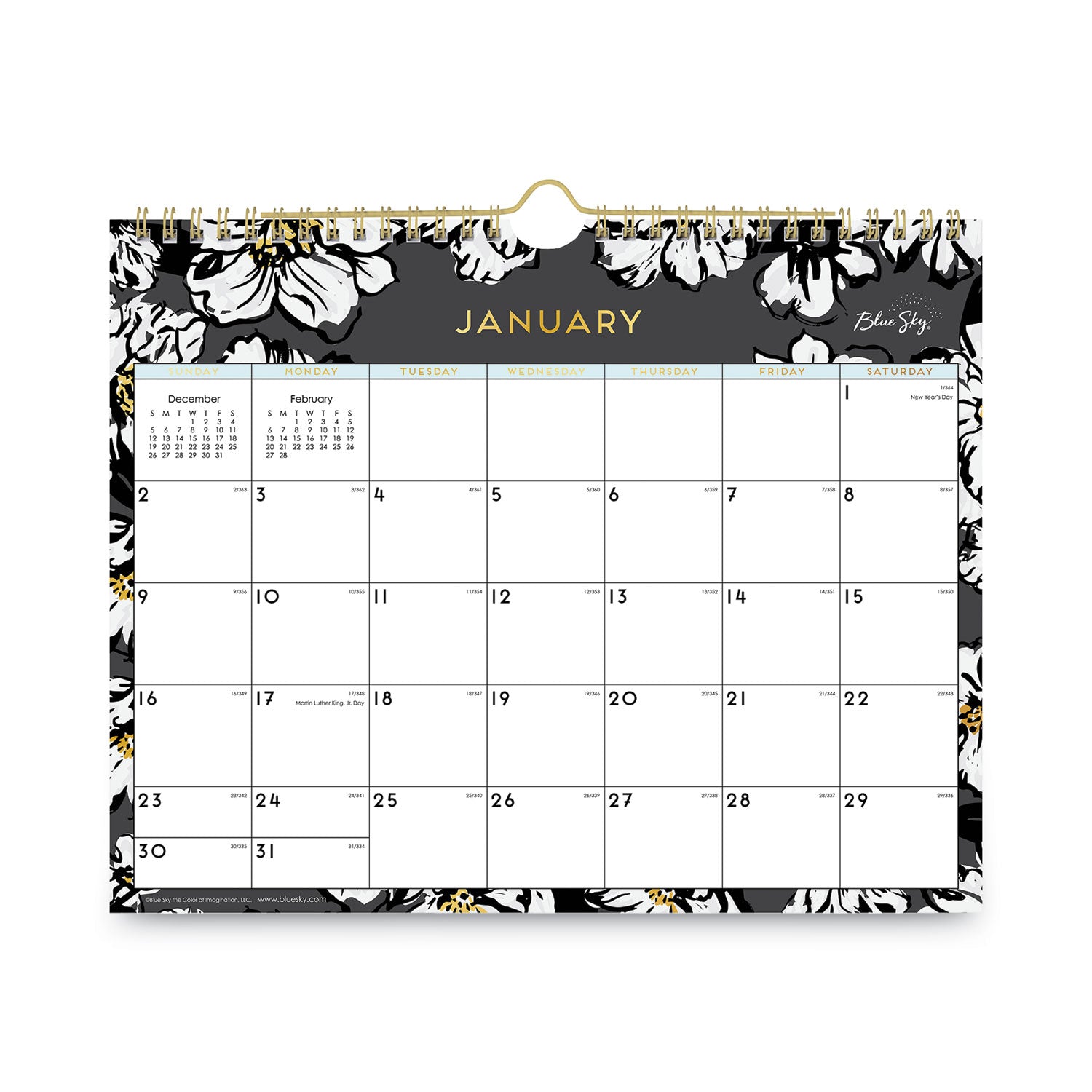 Baccara Dark Wall Calendar, Floral Artwork, 11 x 8.75, White/Black/Gold Sheets, 12-Month (Jan to Dec): 2025