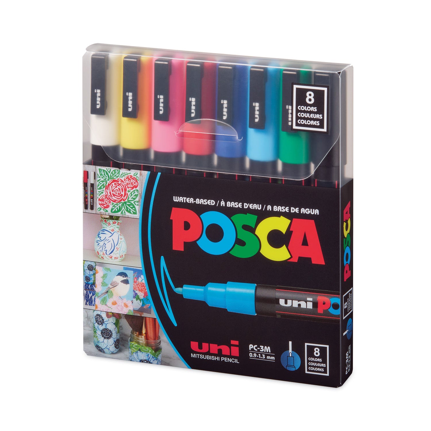 uni® POSCA PC-3M Water-Based Paint Markers, Reversible Fine Tip (0.9-1.3mm), Assorted Colors, 8 Pack