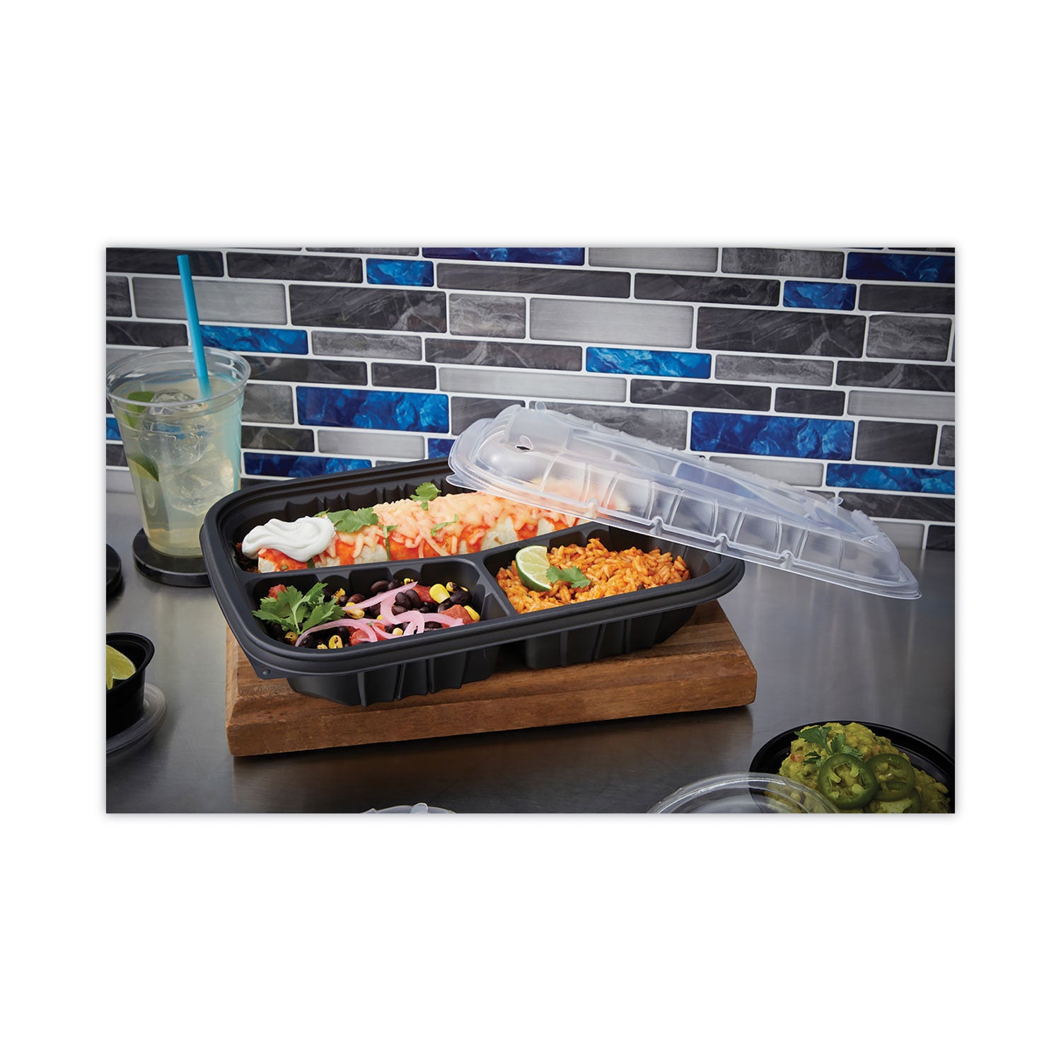 EarthChoice Entree2Go Takeout Container, 3 Compartments, 48 oz, 11.75 x 8.75 x 2.13, Black, Plastic, 200/Carton