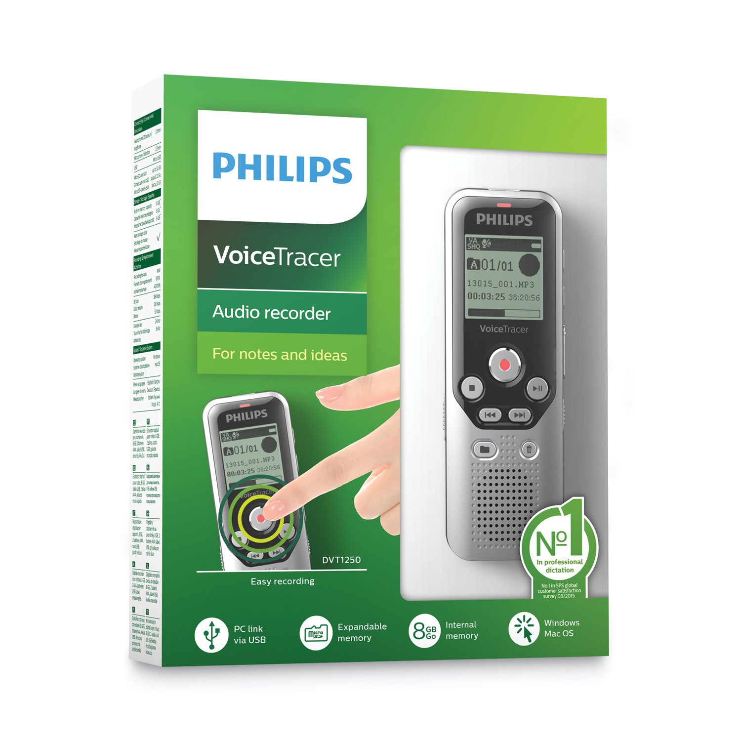 8 GB Flash Memory - microSD, SD Supported - WAV - High Quality, Standard Play, Long Play - 583 Hour Recording - USB - Headphone - Portable
