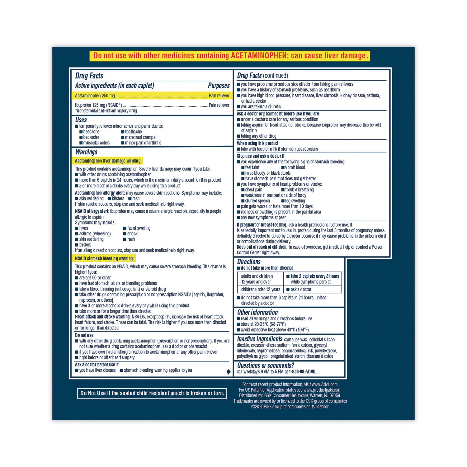 Dual Action with Acetaminophen and Ibuprofen Caplets, 50 Packets of 2 Caplets