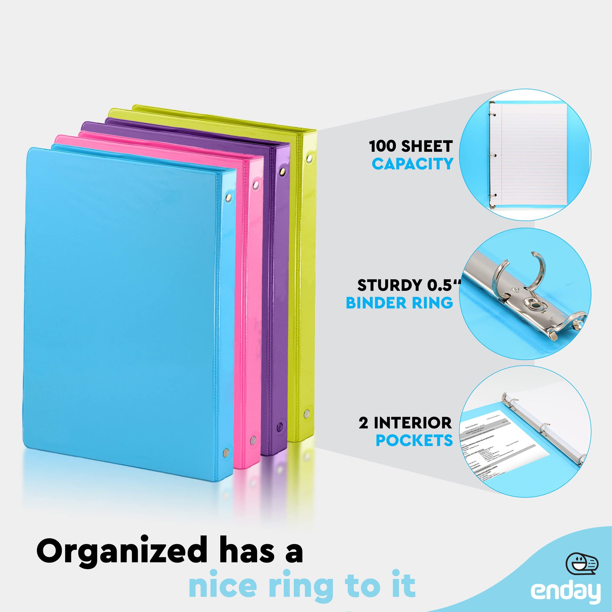 3-Ring View Binder, O-Ring, Assorted Colors, 1/2 Inch, Pack of 4