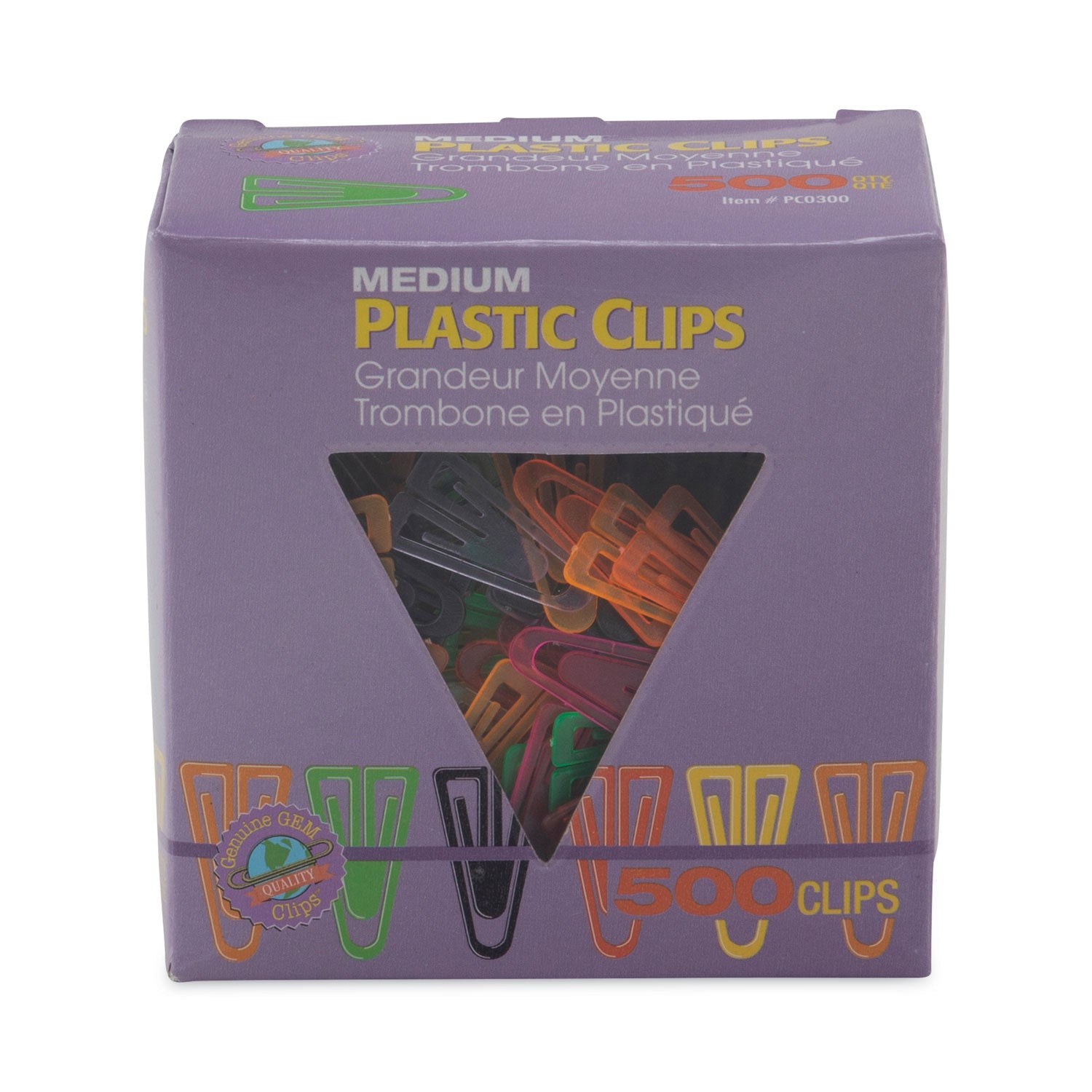 Gem Office Products Triangular Paper Clips - Medium - for Paper, File - Non-magnetic - Assorted - Plastic - 1 Box