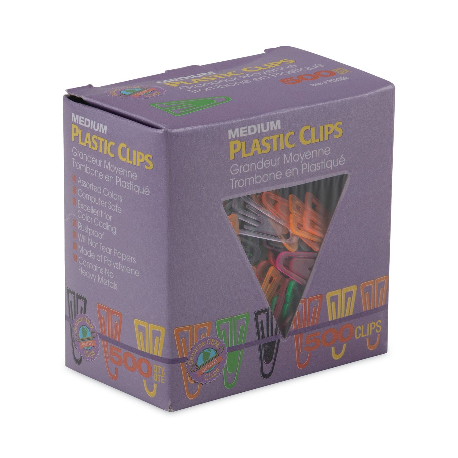 Gem Office Products Triangular Paper Clips - Medium - for Paper, File - Non-magnetic - Assorted - Plastic - 1 Box
