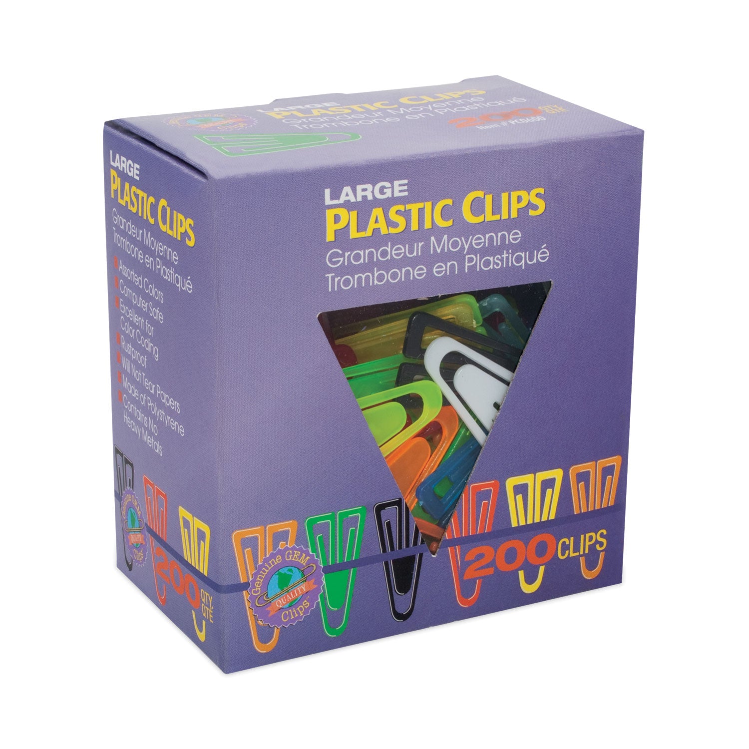 Gem Office Products Triangular Paper Clips - Large - for Paper, File - Non-magnetic - Assorted - Plastic - 1 Box