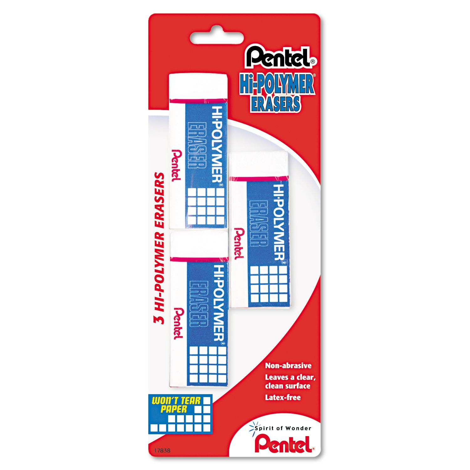 Pentel Hi-Polymer Eraser - White - Polyvinyl Chloride (PVC) - 3 / Pack - Tear Resistant, Scratch Resistant, Non-abrasive, Soft, Protective Sleeve, Crack Resistant