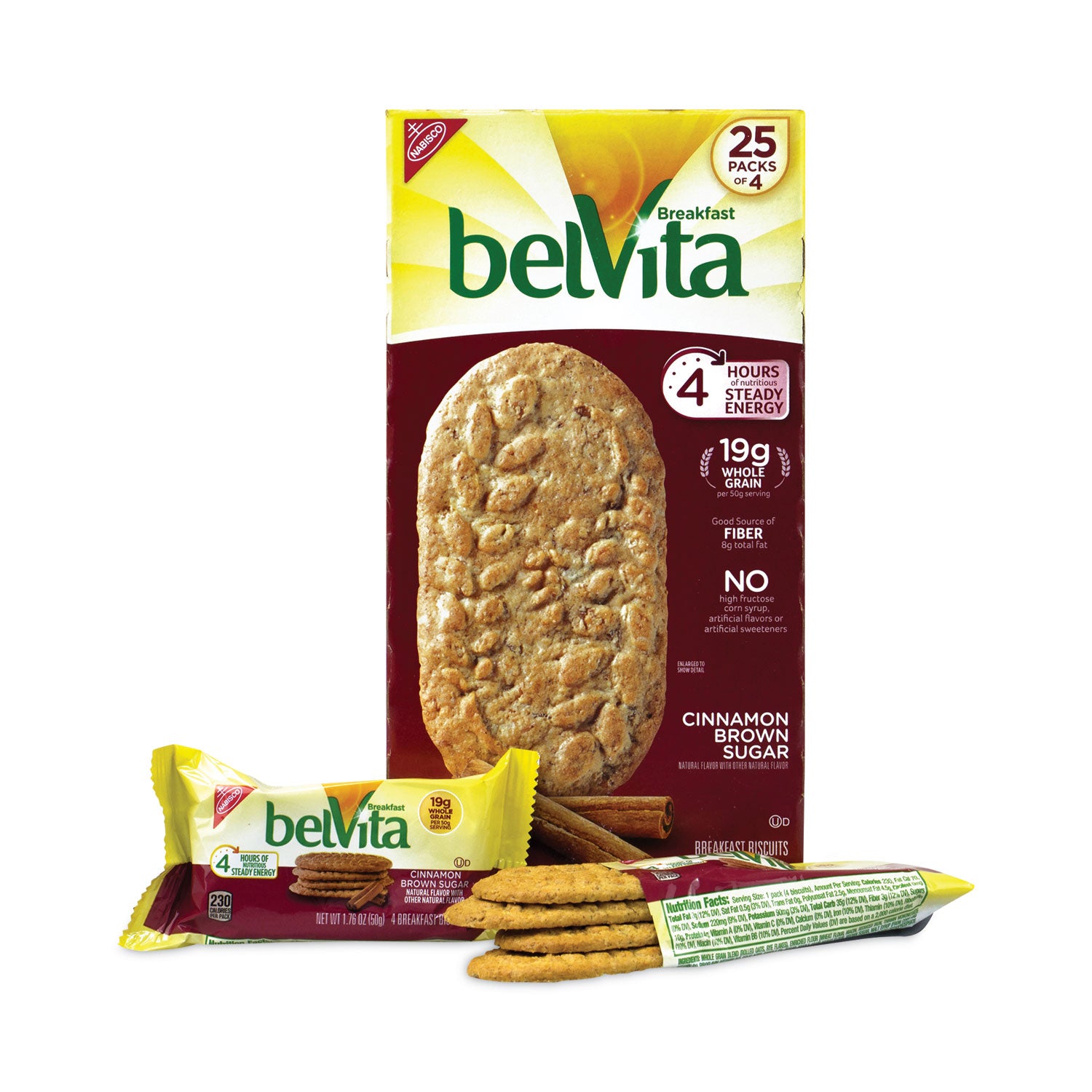 Green Rabbit Belvita Breakfast Biscuits - Cinnamon, Brown Sugar, Crunchy - 1.76 oz - 4/Bag - 25 / Carton