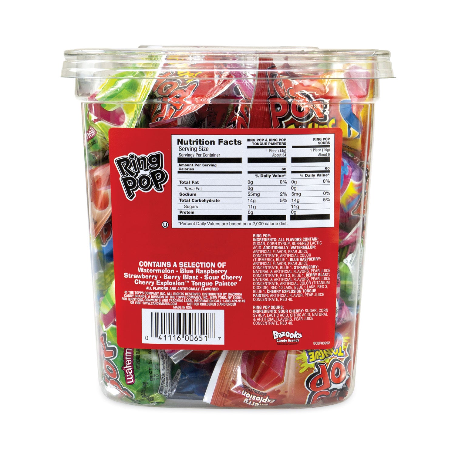 Cherry, Blue Raspberry, Berry Blast, Watermelon, Strawberry, Twisted Blue Raspberry Watermelon - Individually Wrapped - 0.50 oz - 40 /Pack - 1 / Carton