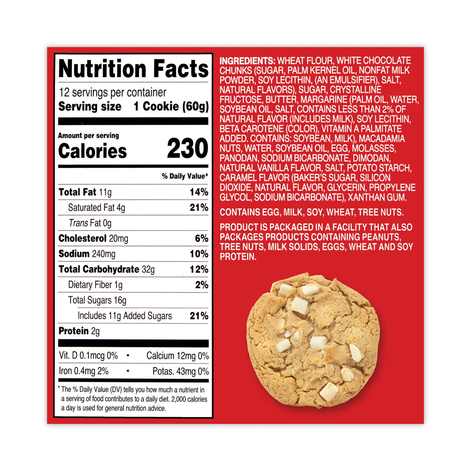 White Chunk Macadamia Cookies, 2.1 oz, Individually Wrapped Pack, White Chocolate, 12/Carton