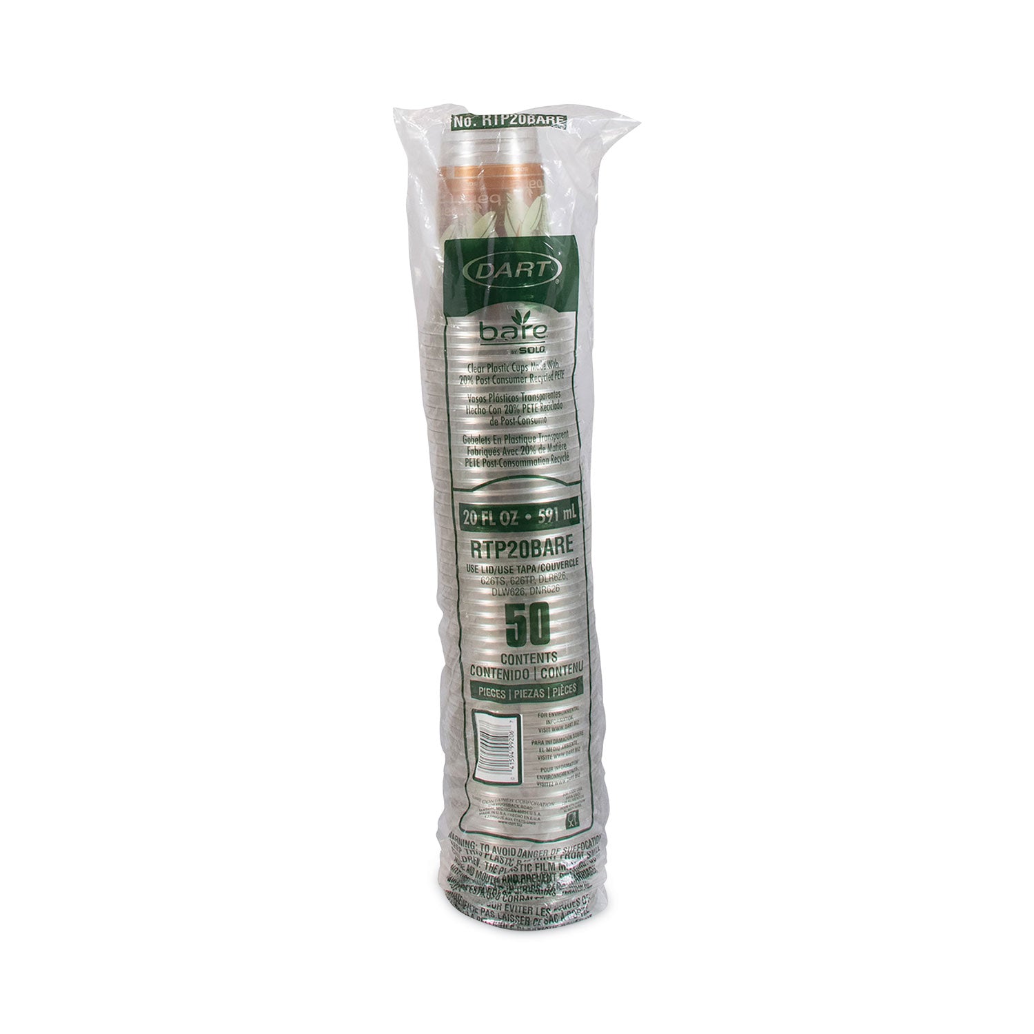 Bare Eco-Forward RPET Cold Cups 20 oz, Plastic, Leaf Design, 50/Pack, 12 Packs/Carton
