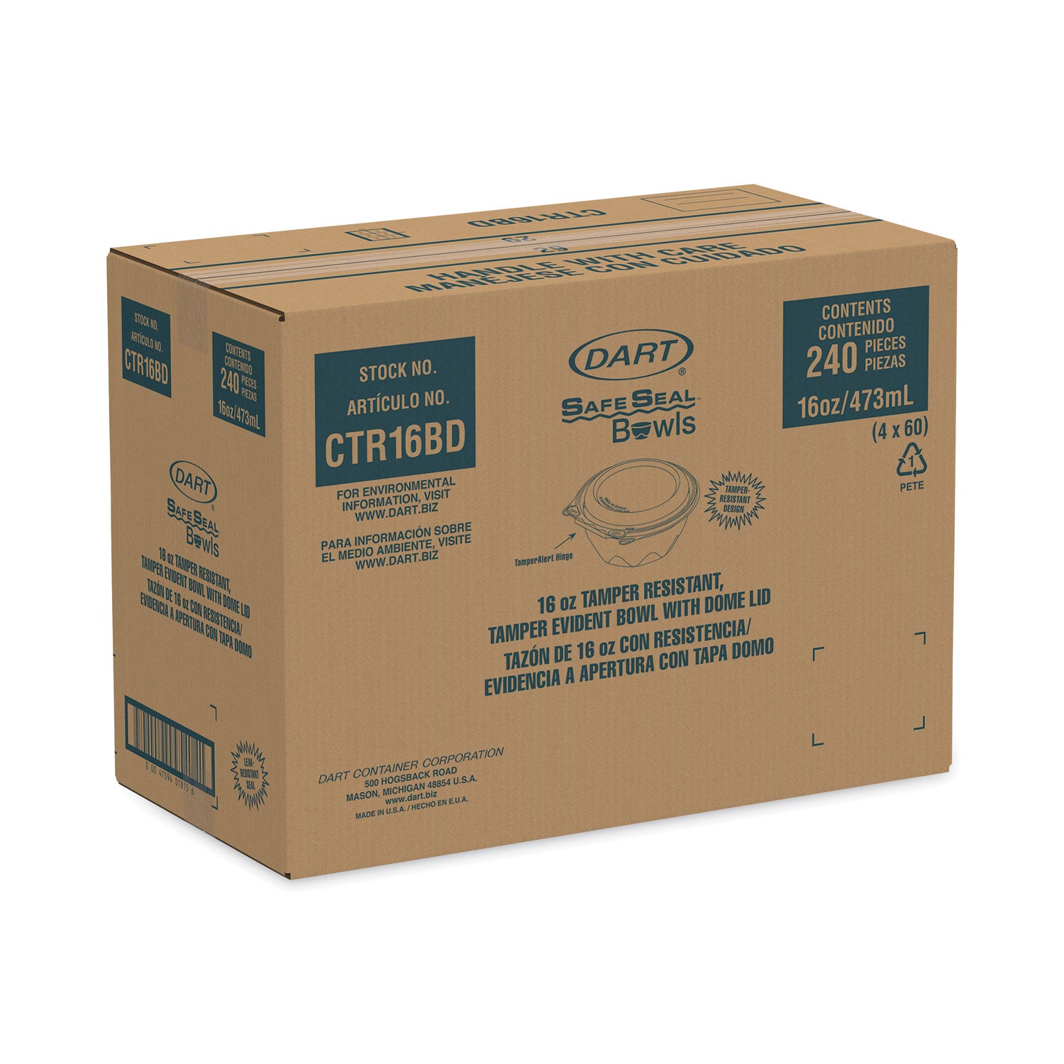 Tamper-Resistant, Tamper-Evident Bowls with Dome Lid, 16 oz, 5.5" Diameter x 3.1" h, Clear, Plastic, 240/Carton