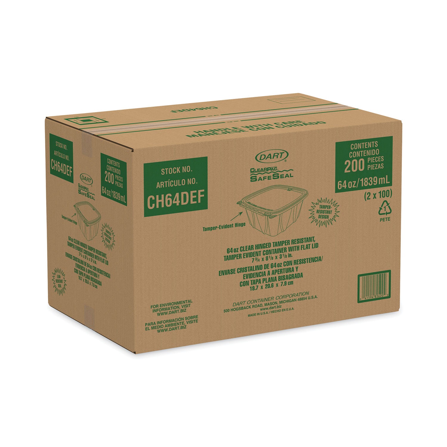 ClearPac SafeSeal Tamper-Resistant/Evident Containers, Flat Lid, 64 oz, Clear, Plastic, 100/Bag, 2 Bags/Carton