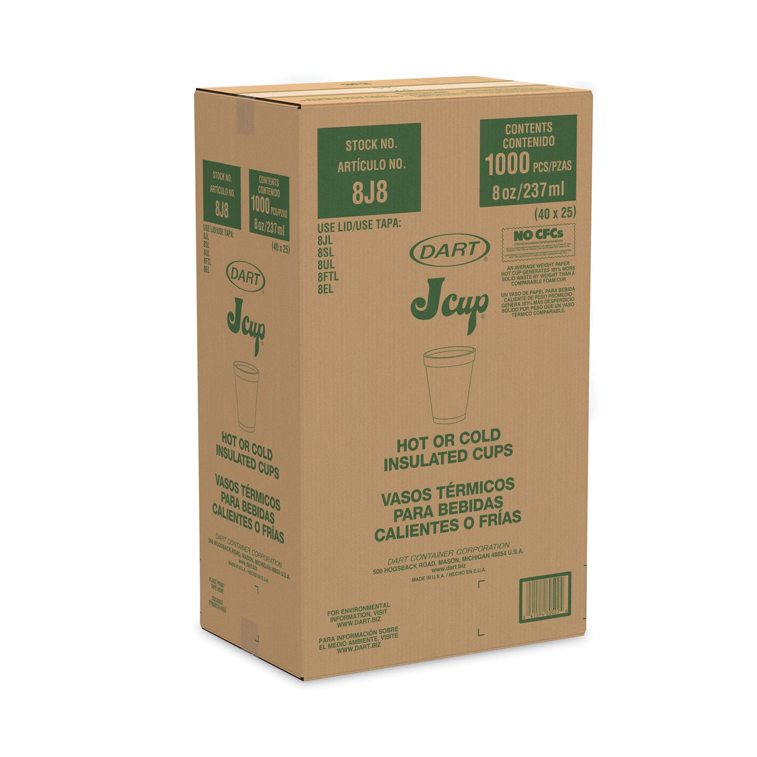 Dart J Cup 8 oz Insulated Foam Cups - 8 fl oz - White - Foam - Tea, Coffee, Juice, Soft Drink, Hot Drink, Cold Drink, Cappuccino, Hot Chocolate - 25 / Pack
