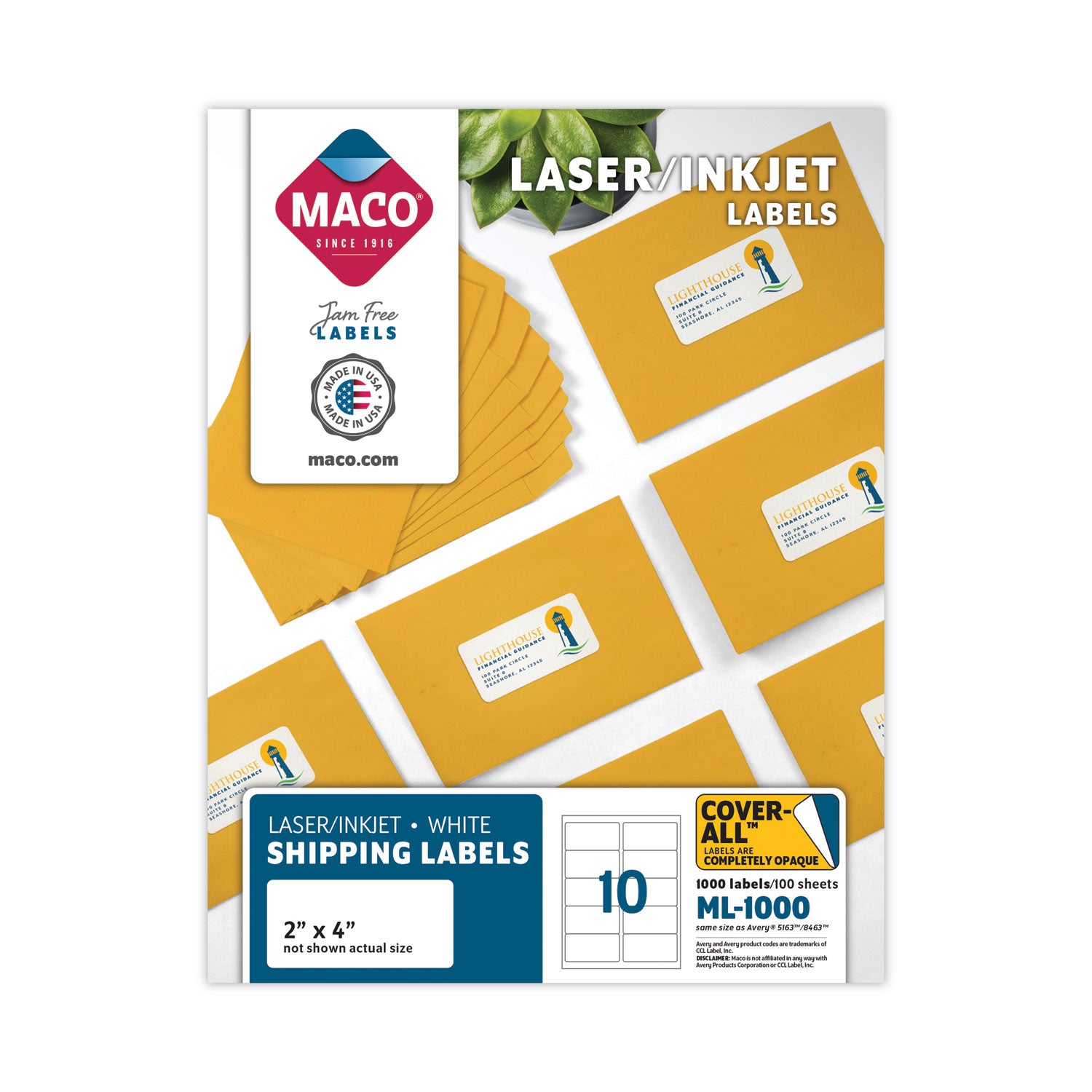 Maco Laser Printer White Shipping Labels - 2" Width x 4" Length - Rectangle - Laser, Inkjet - White - Lignin-free - 10 / Sheet - 1000 / Box