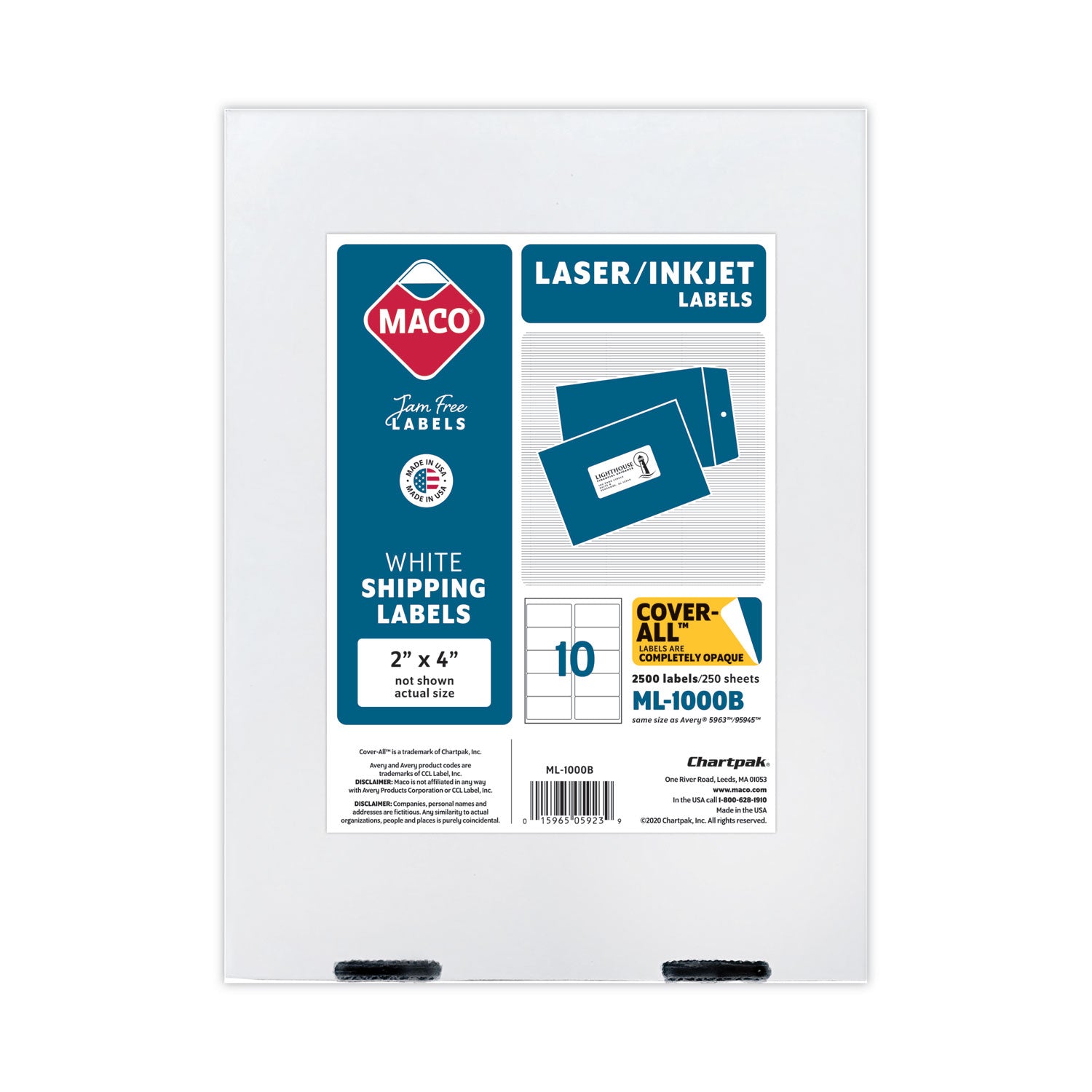 Maco Laser Printer White Shipping Labels - 2" Width x 4" Length - Permanent Adhesive - Rectangle - Laser, Inkjet - White - Lignin-free - 10 / Sheet - 2500 / Box