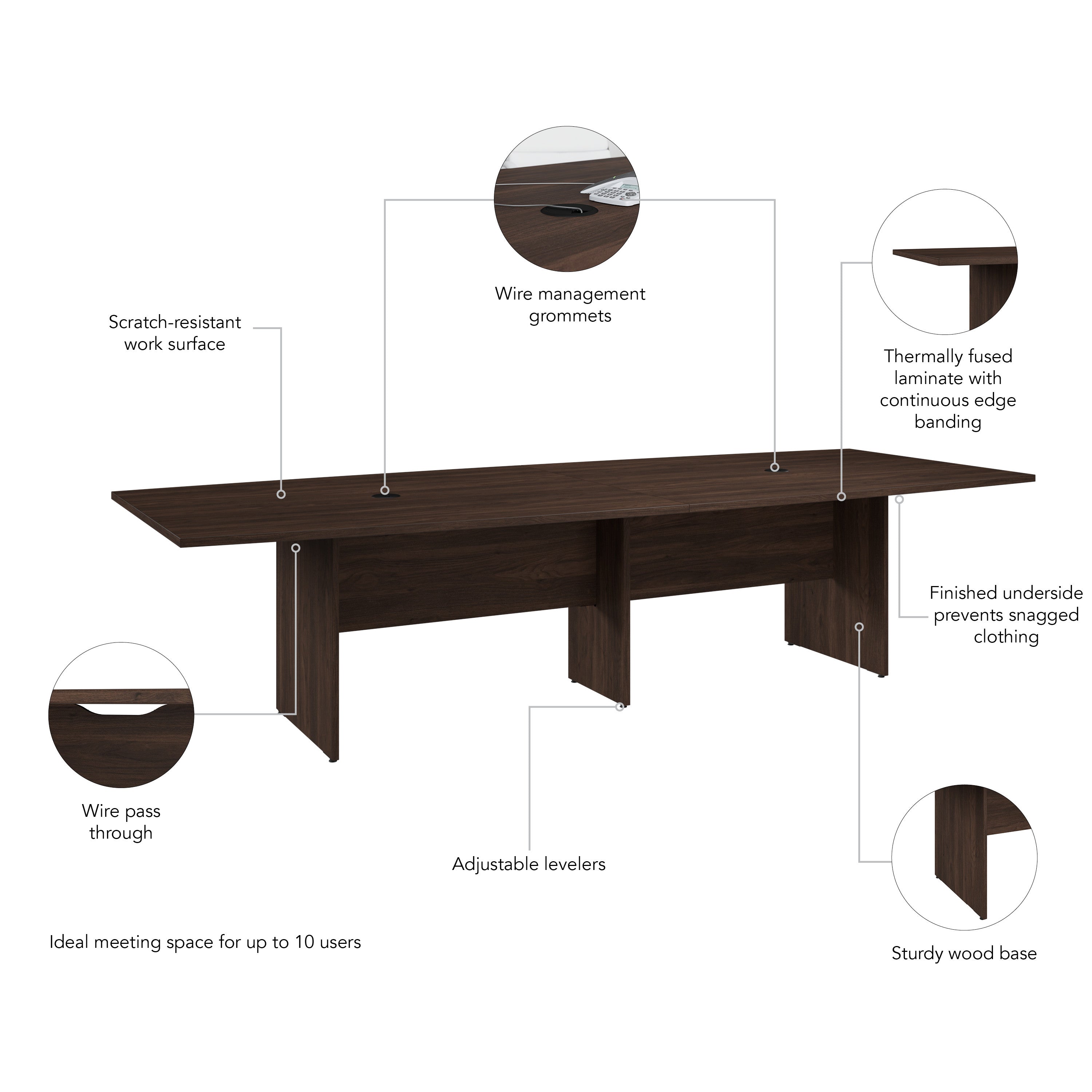 Bush Business Furniture 120-inch Office Conference Table with Wood Base in Black Walnut - 119.21" Width x 47.51" Depth x 28.65" Height