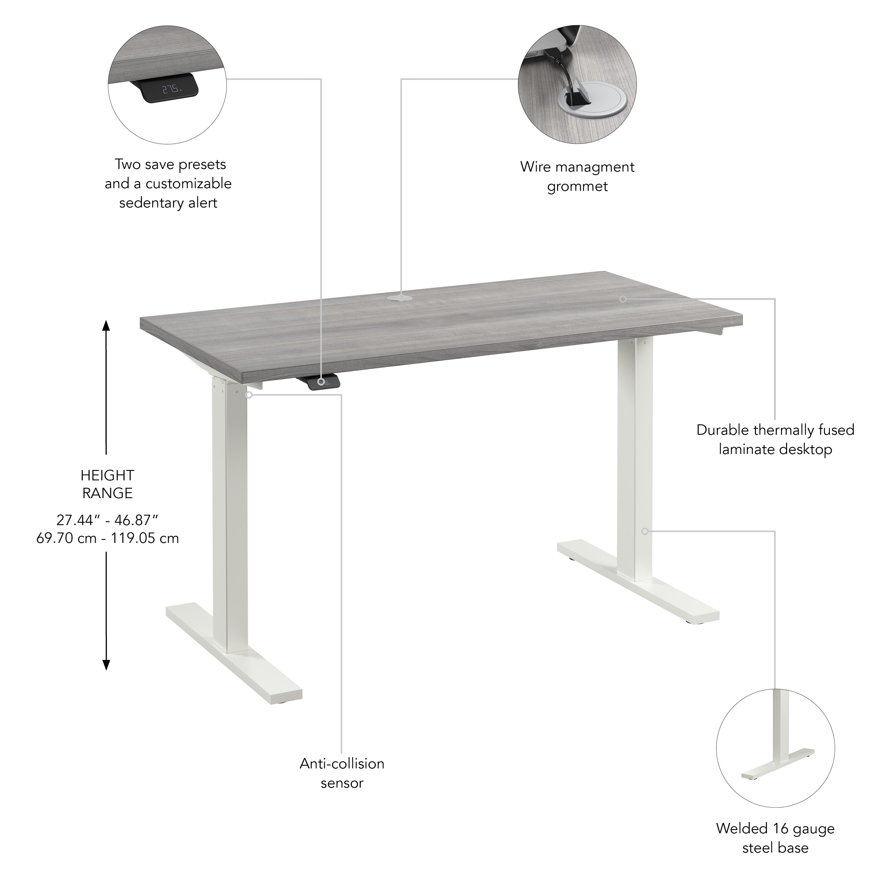 Bush Business Furniture Move 60 Series 48W x 24D Electric Height Adjustable Standing Desk in Platinum Gray with White Base - 47.6" Width x 23.62" Depth x 27.44" Height