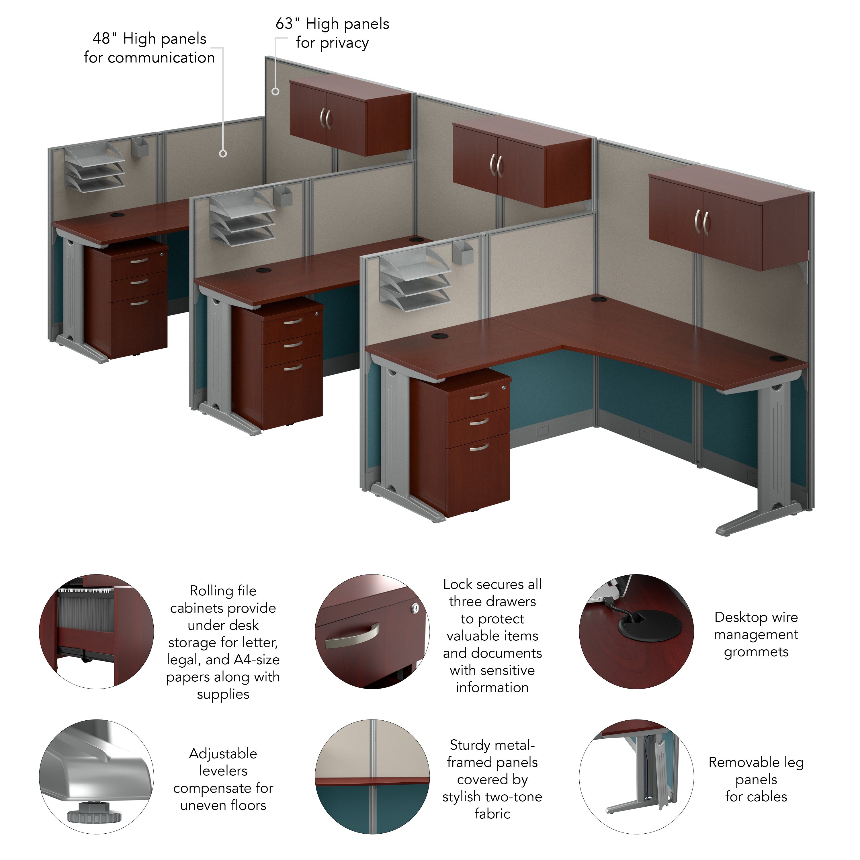 Bush Business Furniture Office in an Hour 3 Person L Shaped Cubicle Desks with Storage, Drawers, and Organizers in Hansen Cherry - 193.47" Width x 64.49" Depth x 62.87" Height