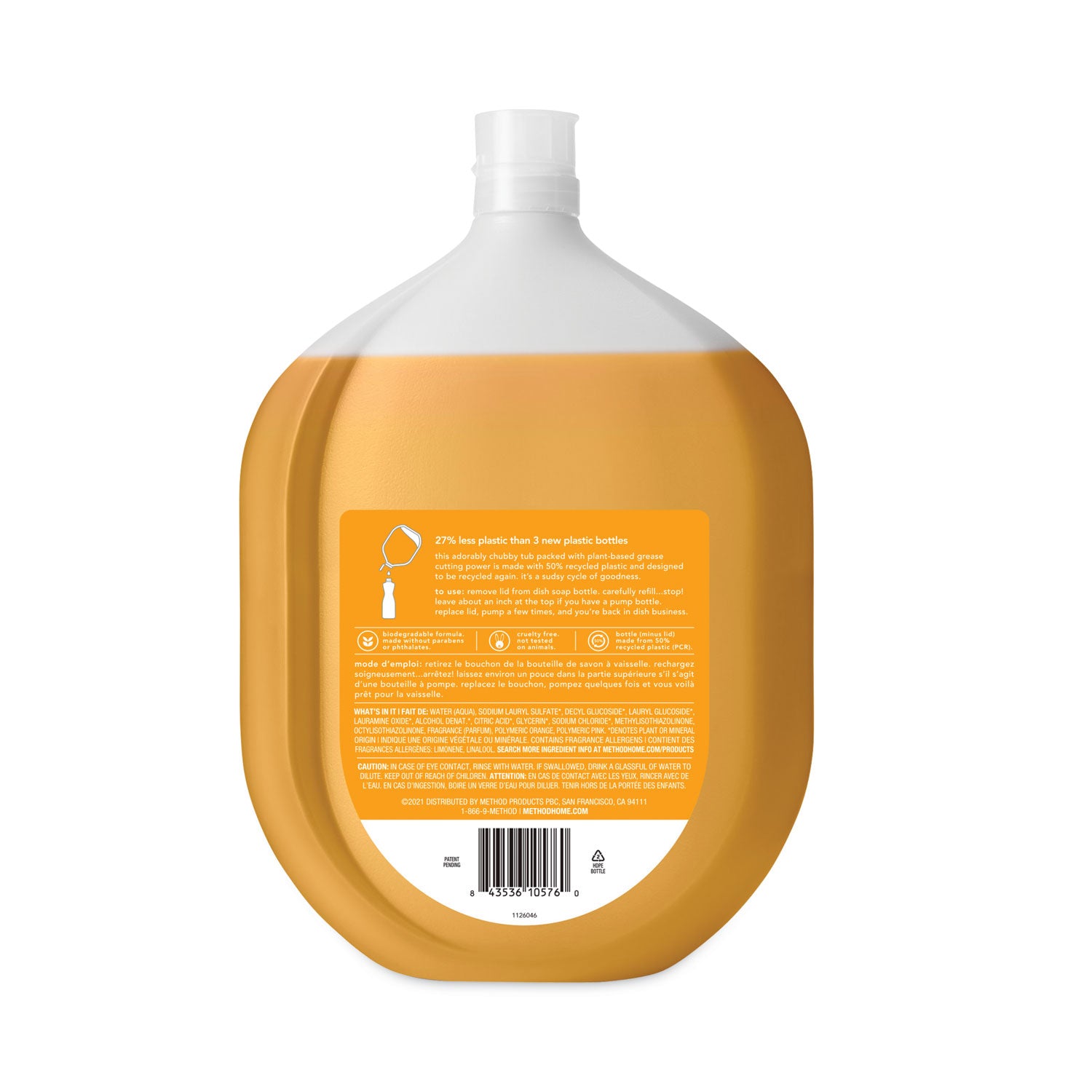 Dish Soap Refill Tub, Clementine Scent, 54 oz Tub, 4/Carton