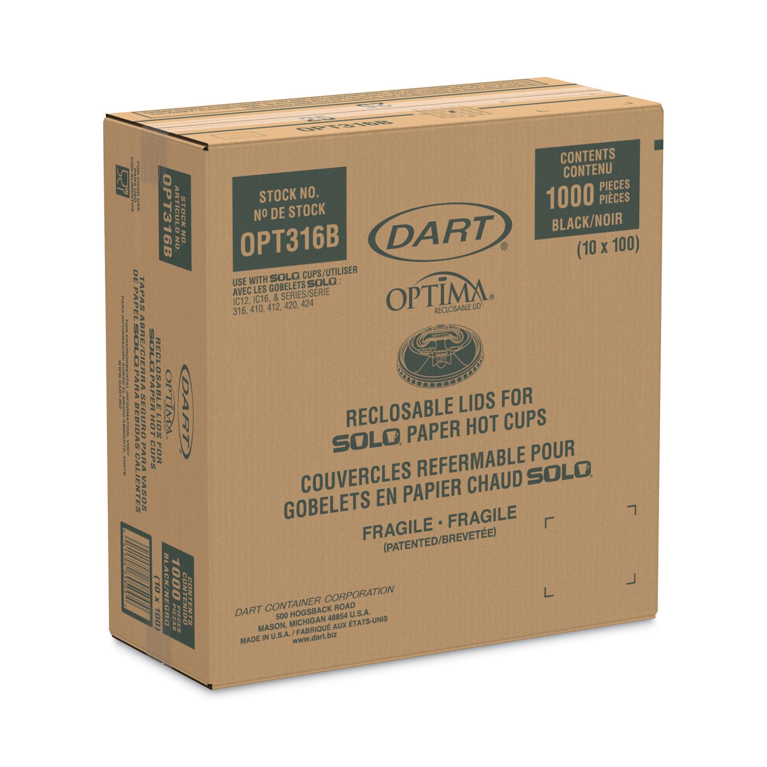 Optima Reclosable Lids for Hot Paper Cups, Fits 10 oz to 24 oz Hot Cups, Plastic, Black, 1,000/Carton
