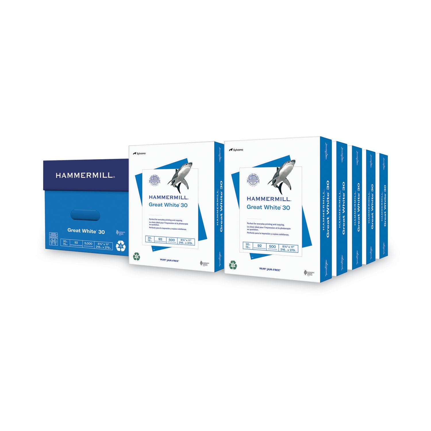Hammermill Great White Recycled Copy Paper - White - 92 Brightness - Letter - 8 1/2" x 11" - 20 lb Basis Weight - Acid-free, Archival-safe, Jam-free - White - 500 Sheets per Ream - 10 / Carton