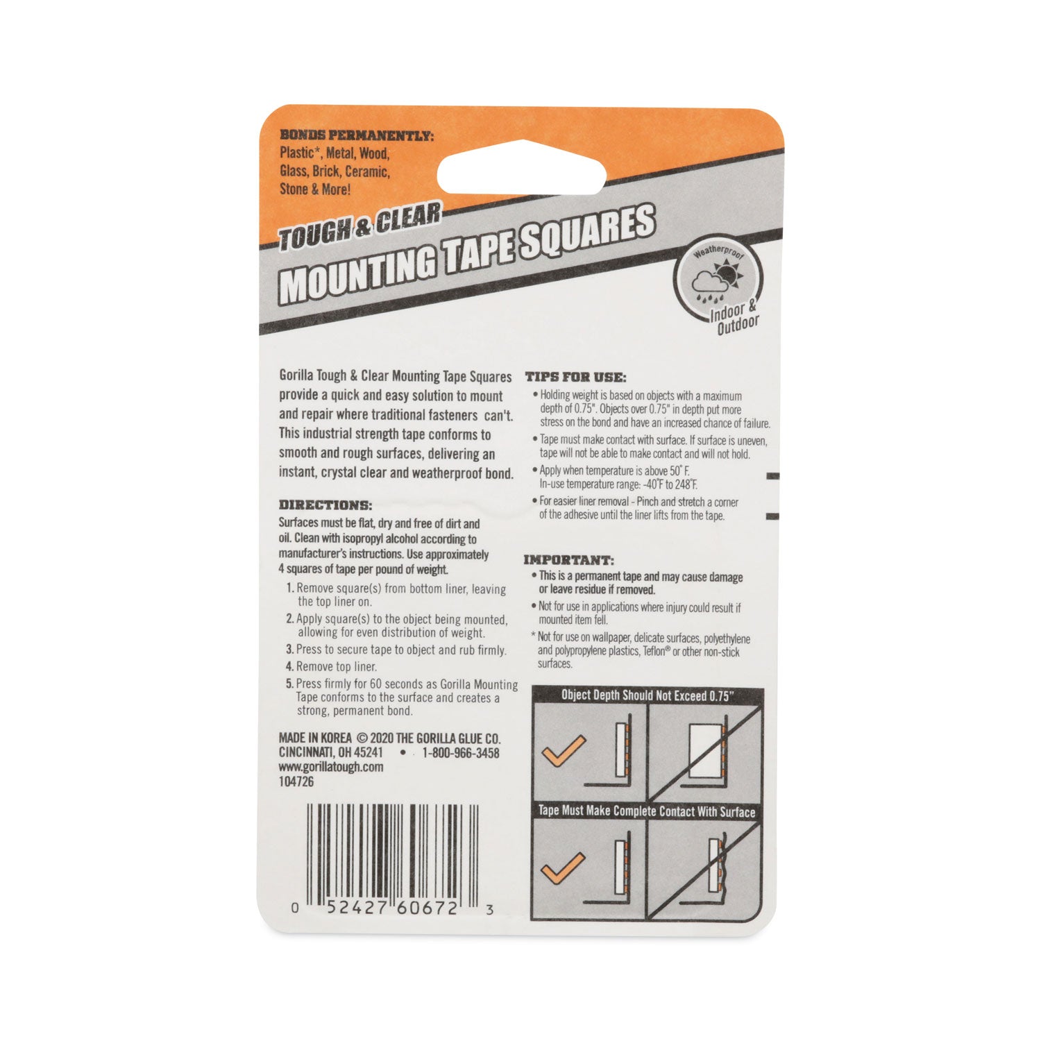 6067202 Gorilla Glue 1 In. x 1 In. 7 Lb. Capacity Permanent Clear Mounting Squares (24-Pack)
