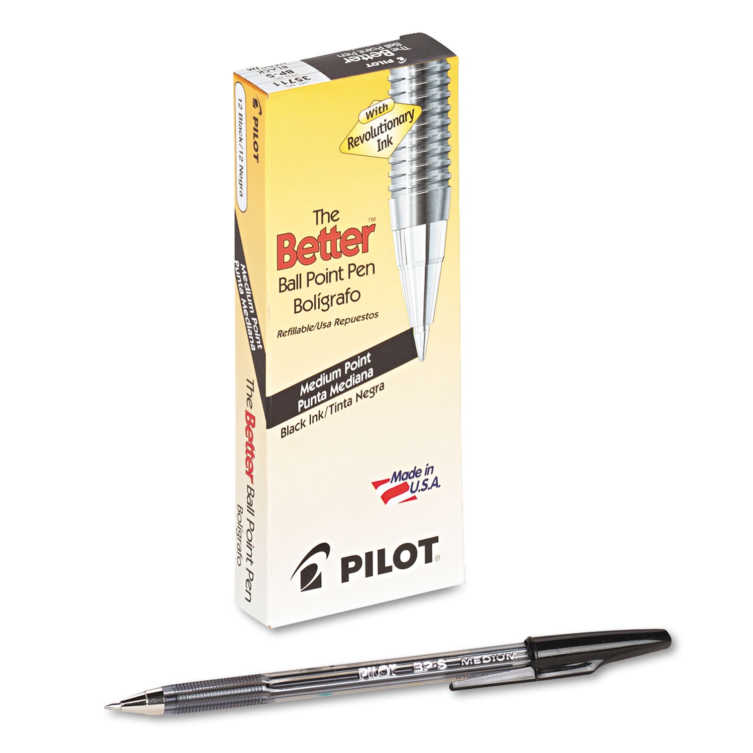 Pilot Better BP-S Ball Stick Pens - 1 mm Medium Pen Point - Refillable - Black Ink - Crystal, Clear Barrel - Stainless Steel Tip - 1 Dozen