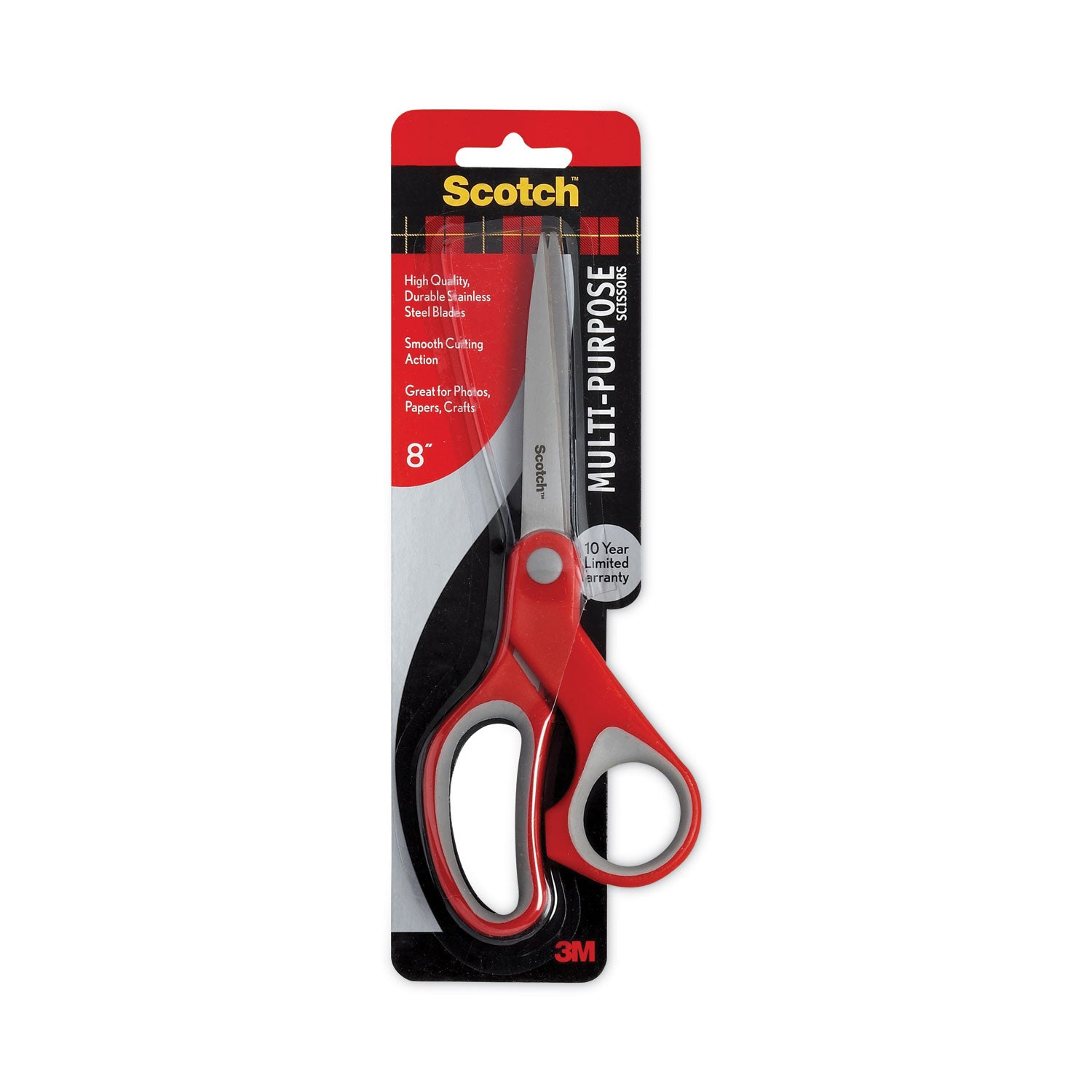 Scotch Multipurpose Scissors - 8" Overall Length - Straight-left/right - Stainless Steel - Red, Silver - 1 Each